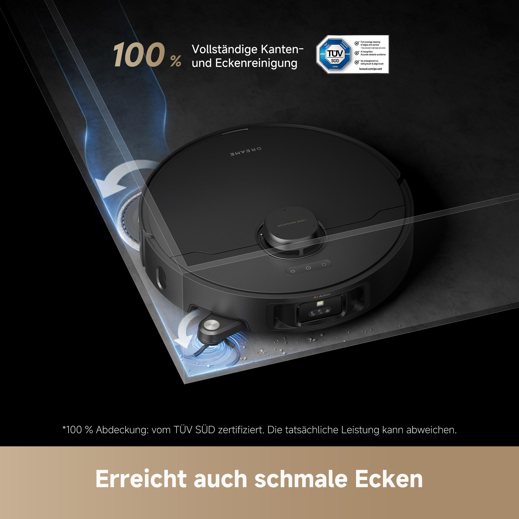Schwarzer Roboter-Staubsauger mit Text und Logo auf einem schwarz-weißen Hintergrund.