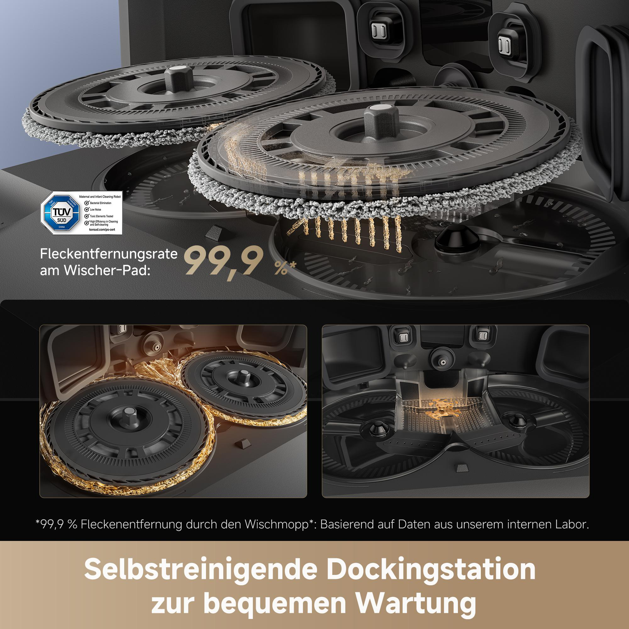 Das Bild zeigt einen Reinigungsroboter mit zwei rotierenden Pads. Die Pads sind grau mit goldenen Akzenten und eine Dockingstation.