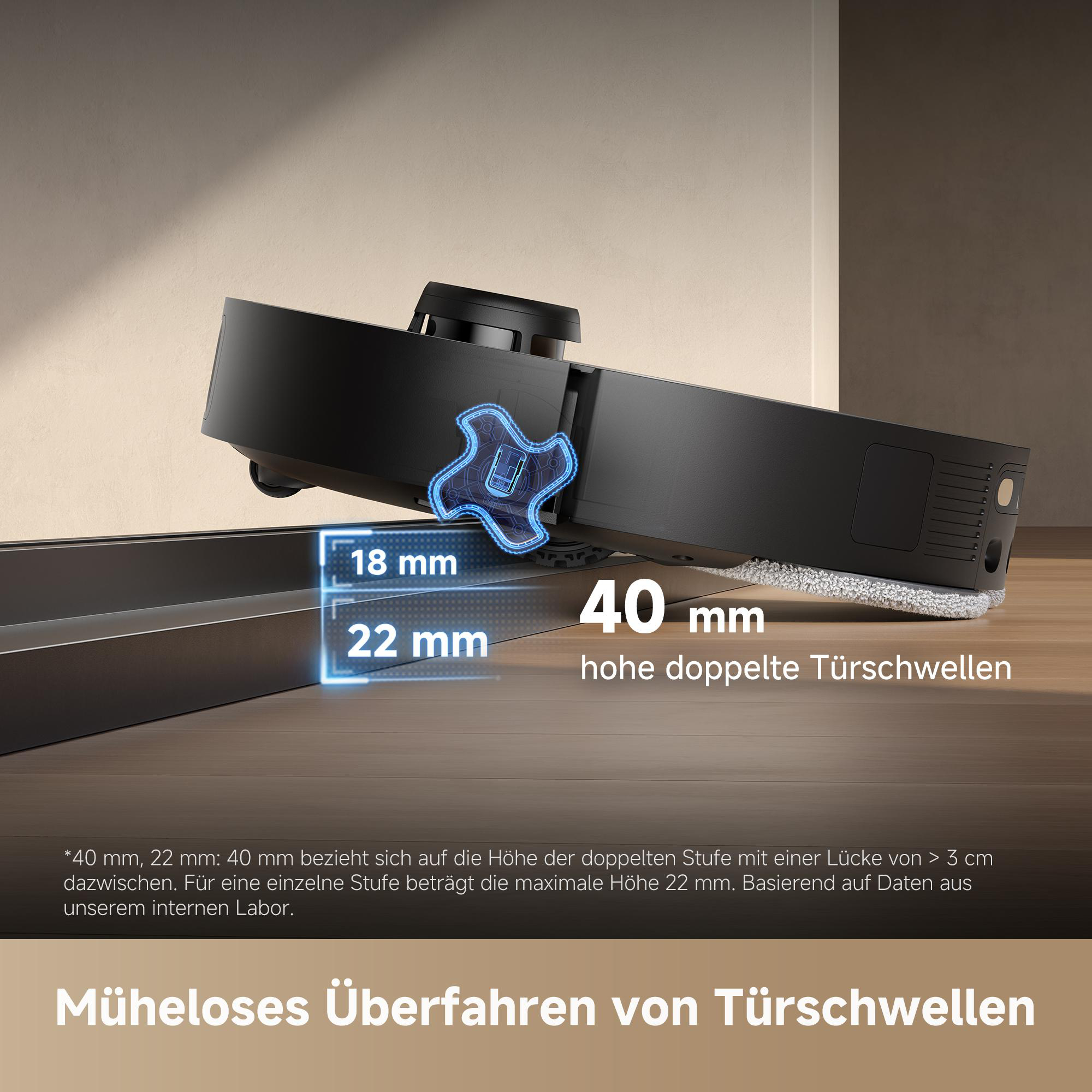 Ein schwarzer Roboter-Staubsauger wird gezeigt. Er zeigt die Abmessungen zum Überwinden von Türschwellen, 18 mm, 22 mm und 40 mm.