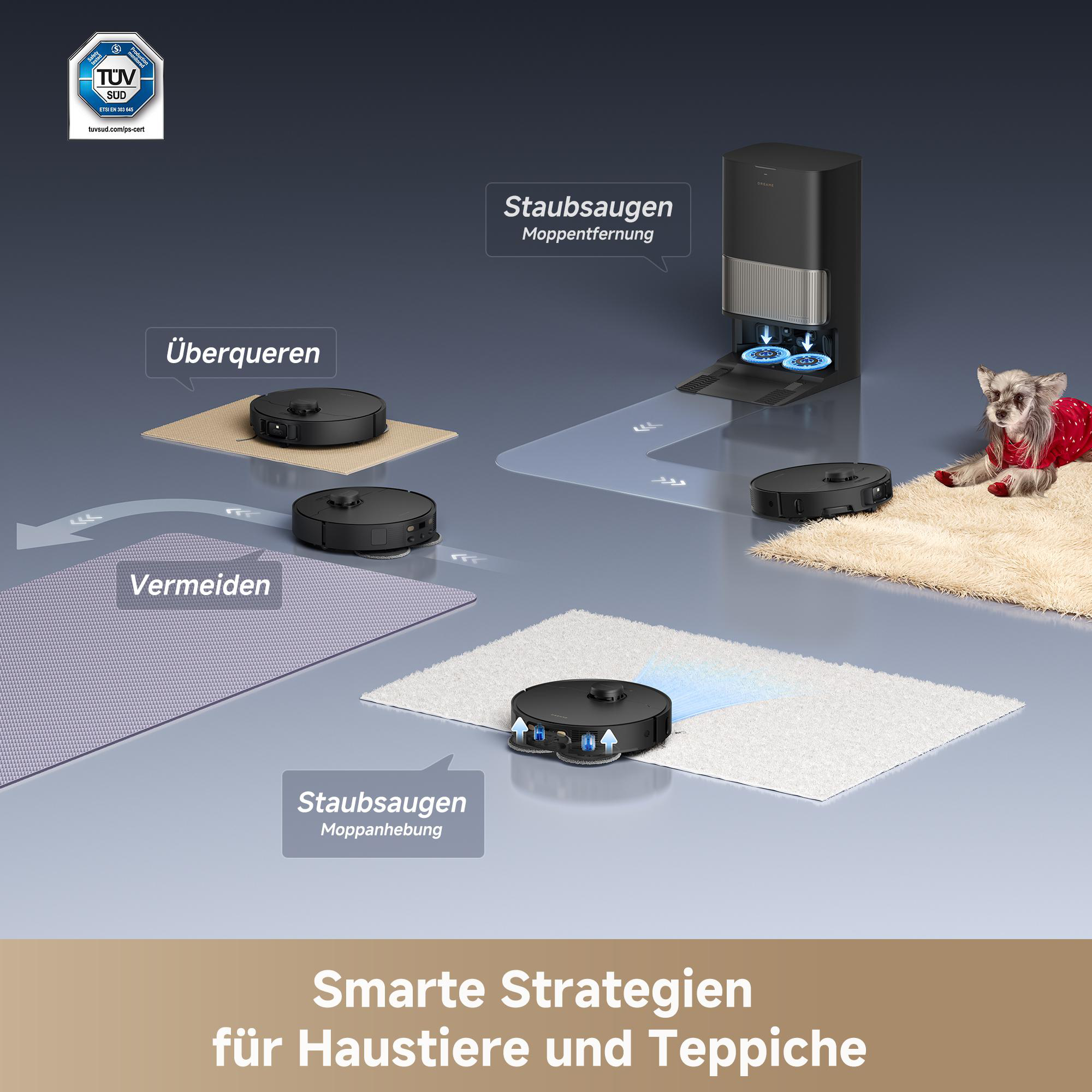Roboter-Staubsauger reinigen ein Haus. Einer ist auf einem Teppich, ein anderer auf einer Matte, und ein Hund ruht in der Nähe.