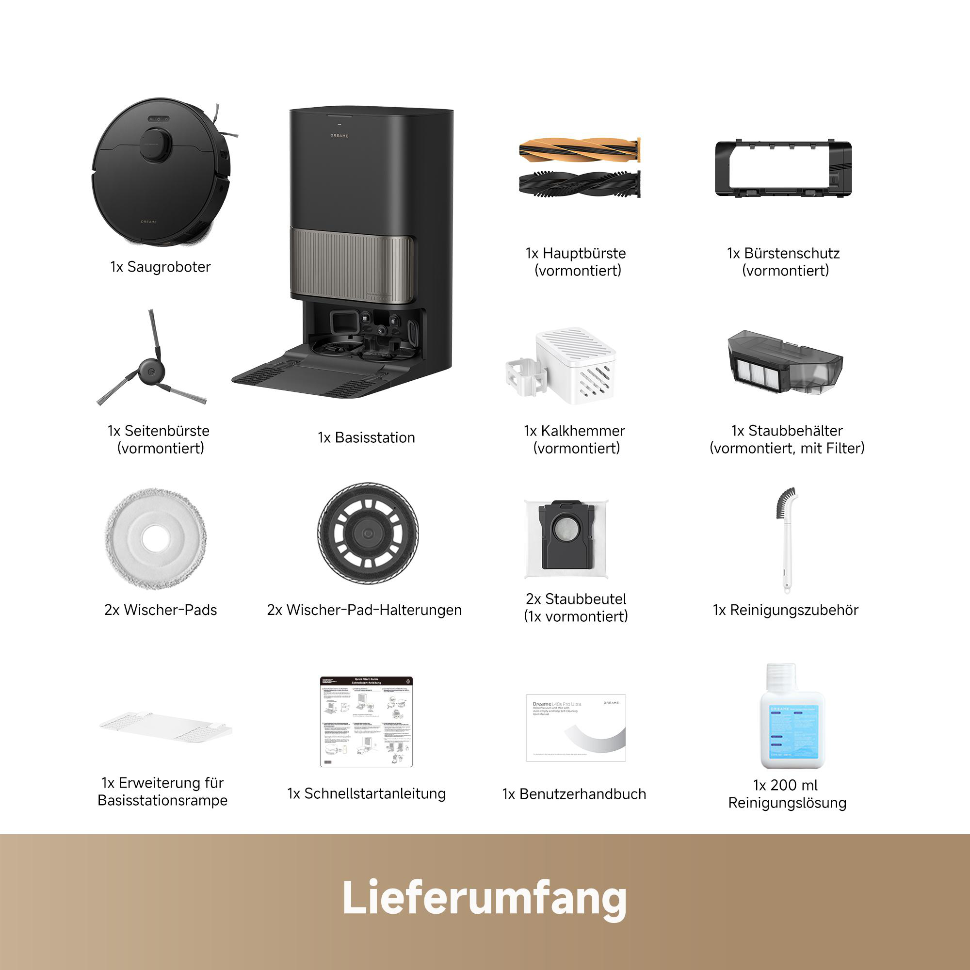 Das Bild zeigt einen Roboter-Staubsauger und sein Zubehör, darunter Bürsten, Pads und Reinigungslösung, mit deutschem Text.
