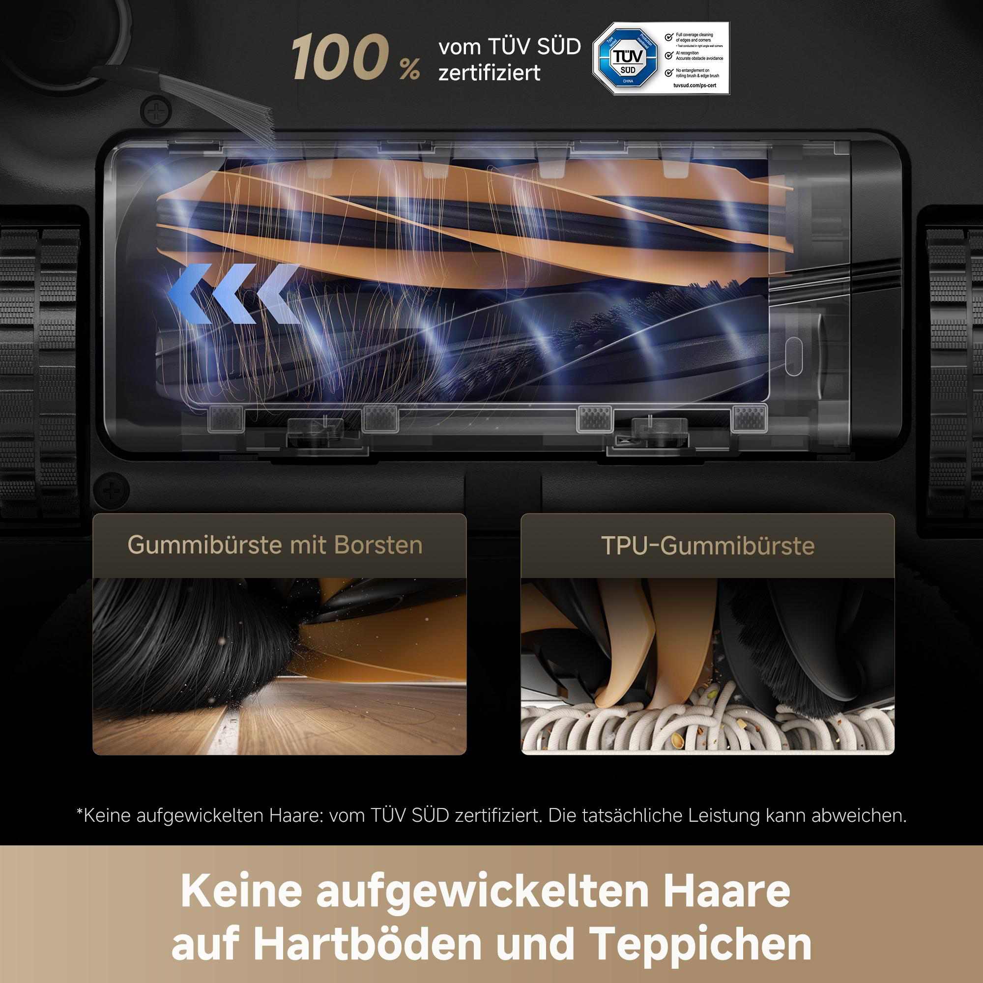 Das Bild zeigt Details eines Staubsaugers mit Etiketten und Zertifizierungen, die Funktionen wie keine Haarverwicklung hervorheben.