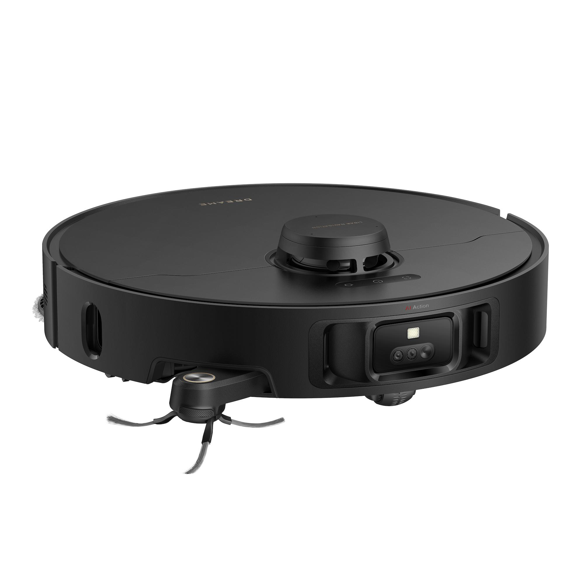 Ein schwarzer Roboter-Staubsauger mit rundem Körper und rotierender Bürste. Er hat einen Sensor oben und eine Seitenbürste.