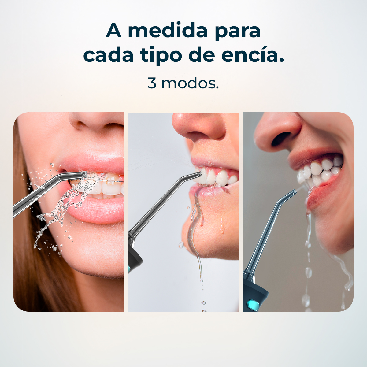 La imagen muestra tres primeros planos usando un chorro de agua dental. Cada uno muestra a una persona diferente usando el dispositivo en sus dientes, con agua saliendo.