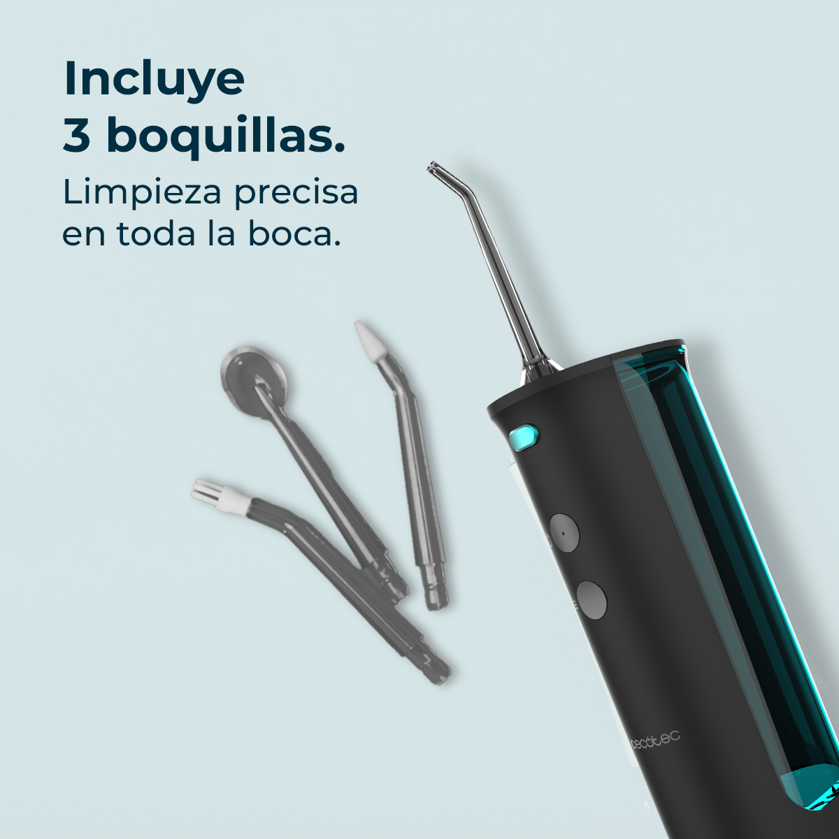 Irrigador bucal negro con tres boquillas sobre fondo azul claro. Texto: 'Incluye 3 boquillas. Limpieza precisa en toda la boca.'