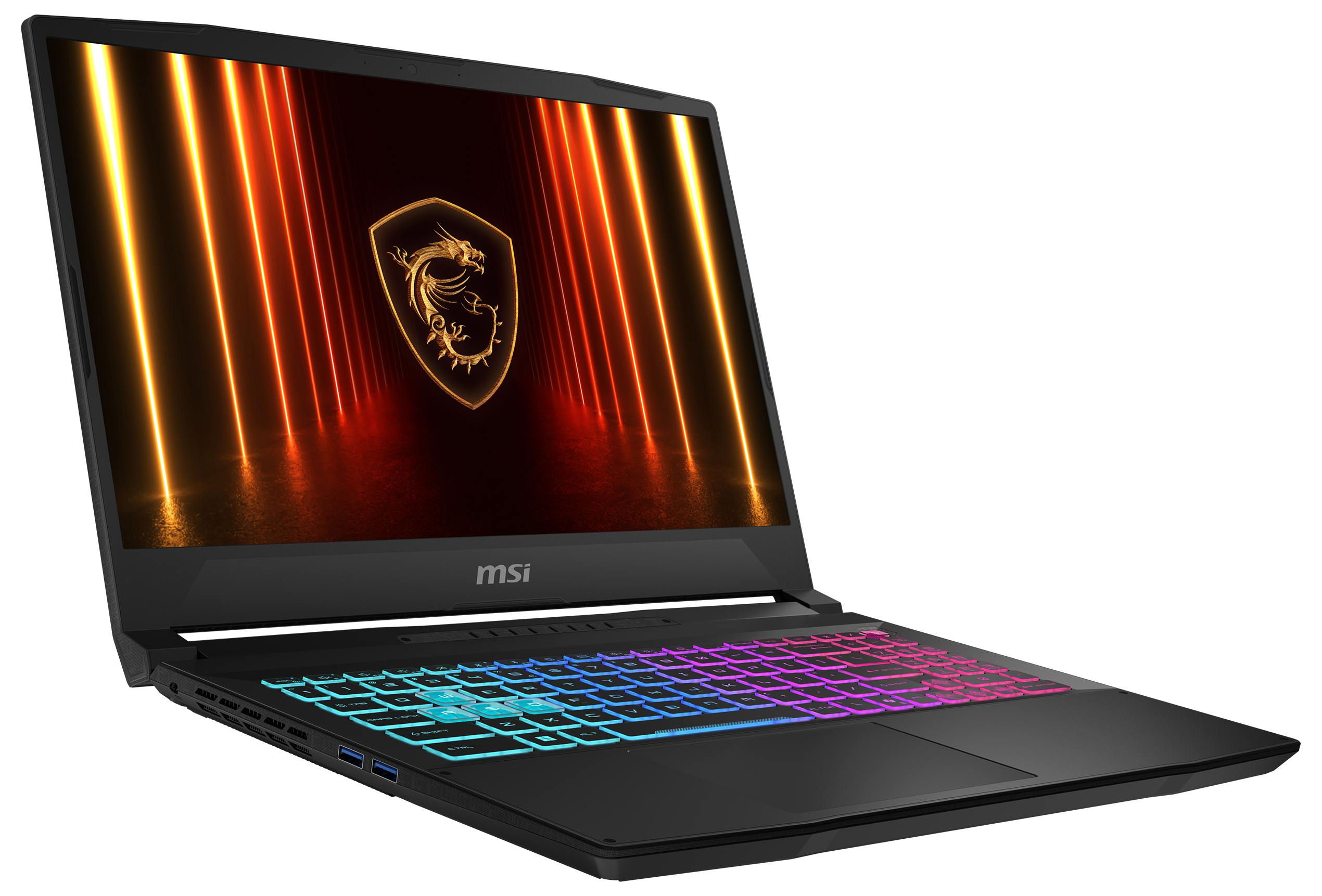 Schwarzer MSI-Laptop mit beleuchteter Tastatur. Der Bildschirm zeigt ein goldenes Drachenlogo. Hintergrund mit vertikalen orangefarbenen und gelben Lichtern.