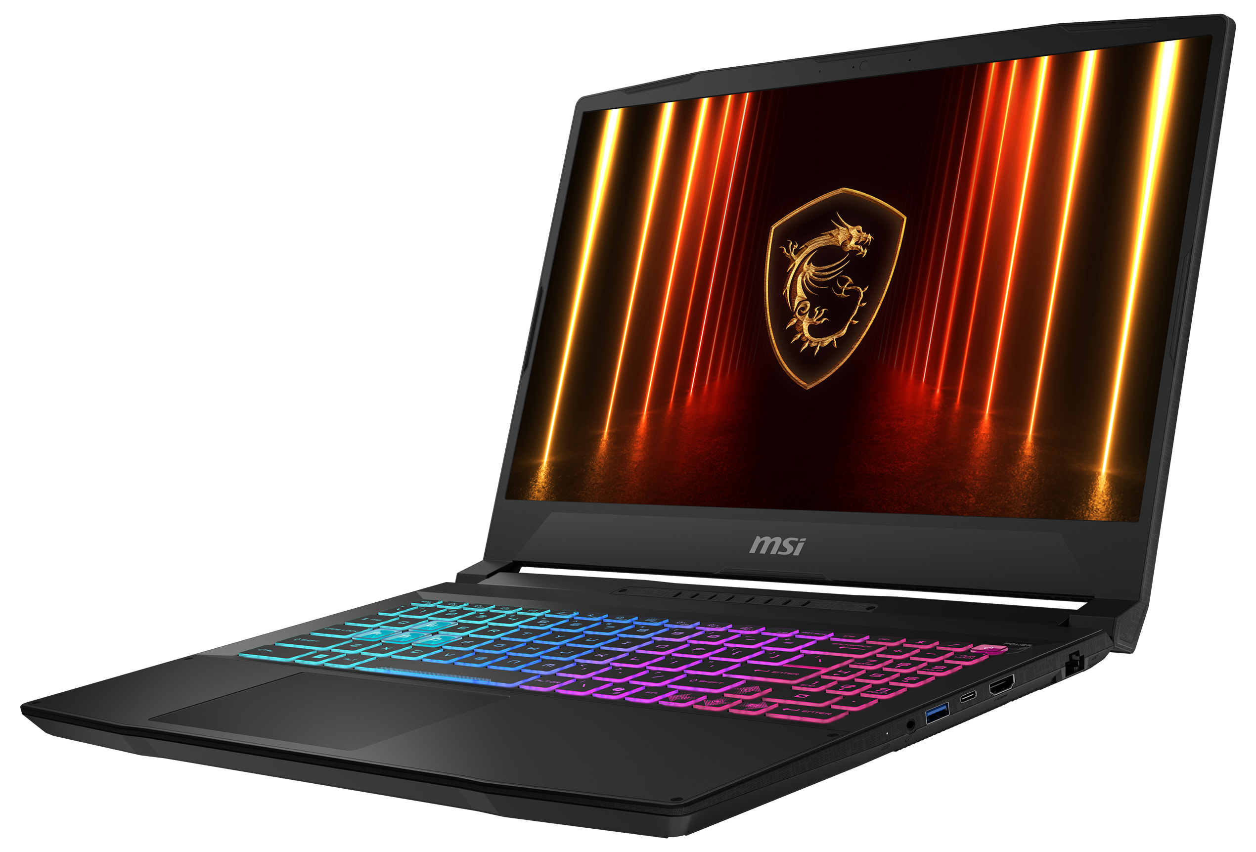 Schwarzer MSI-Gaming-Laptop mit farbenfroher Tastaturbeleuchtung und einem Bildschirm mit Logo und leuchtenden Lichtern.