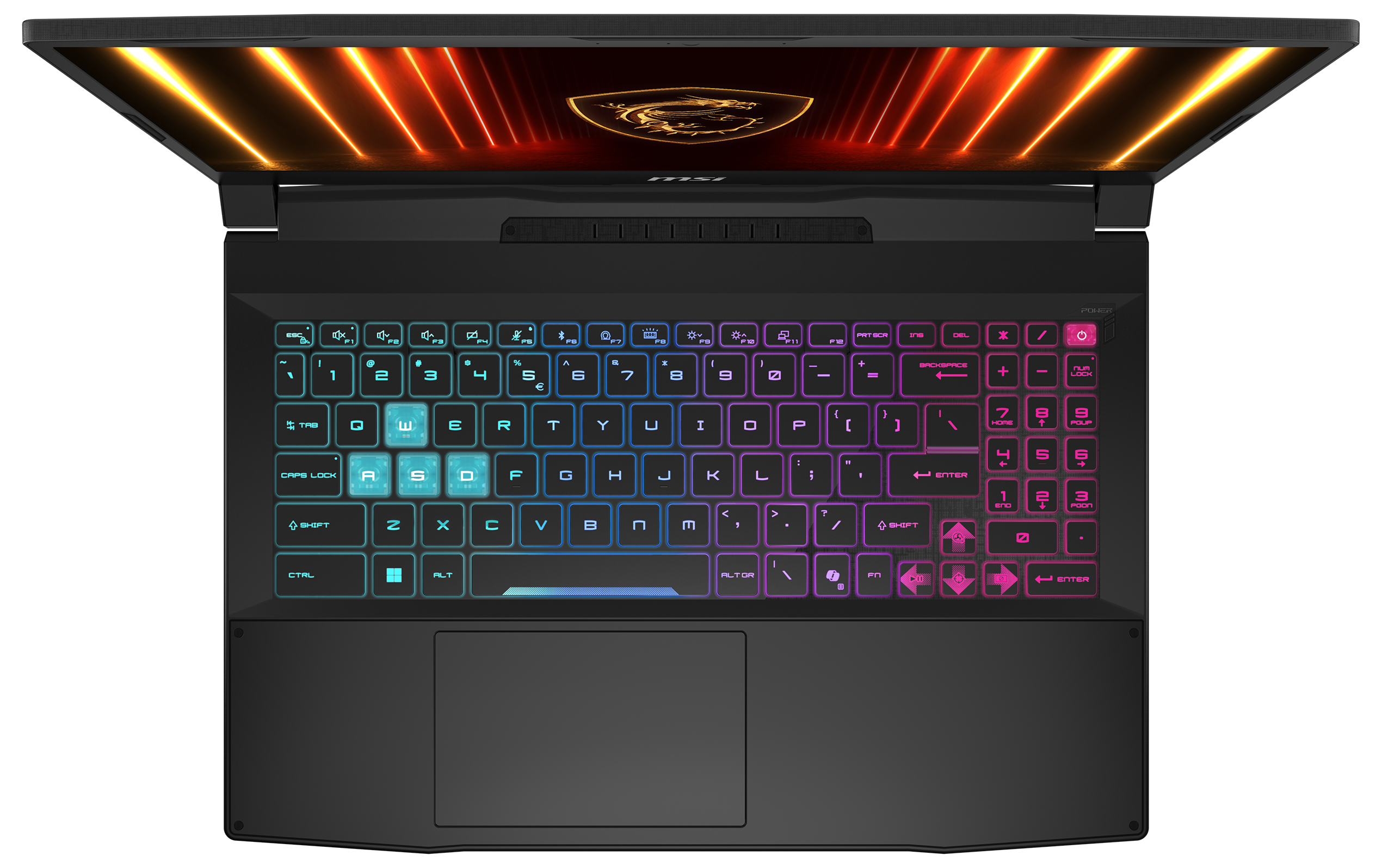 Draufsicht auf einen Laptop mit hintergrundbeleuchteter Tastatur, der Bildschirm zeigt ein feuriges Design. Tasten leuchten farbig.