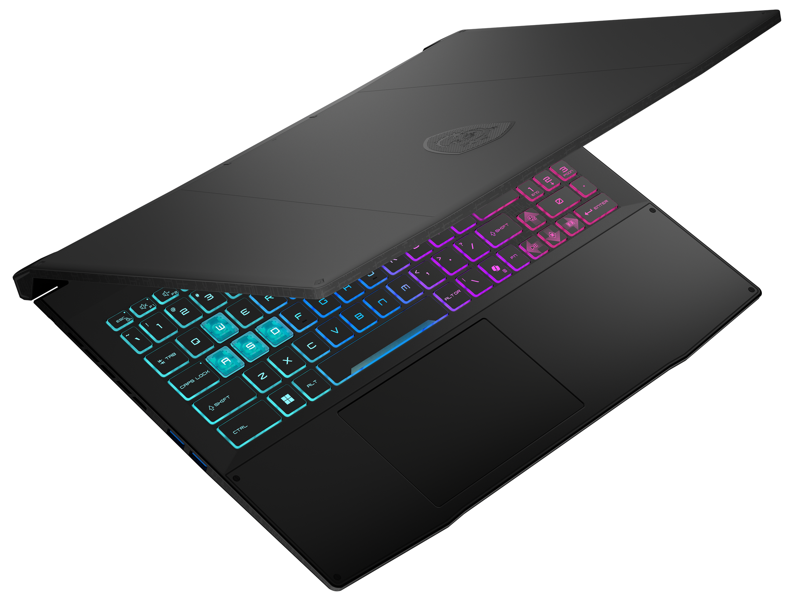 Schwarzer Laptop mit beleuchteter Tastatur. Der Bildschirm ist geöffnet. Tasten haben blaue, violette und rosa Beleuchtung.