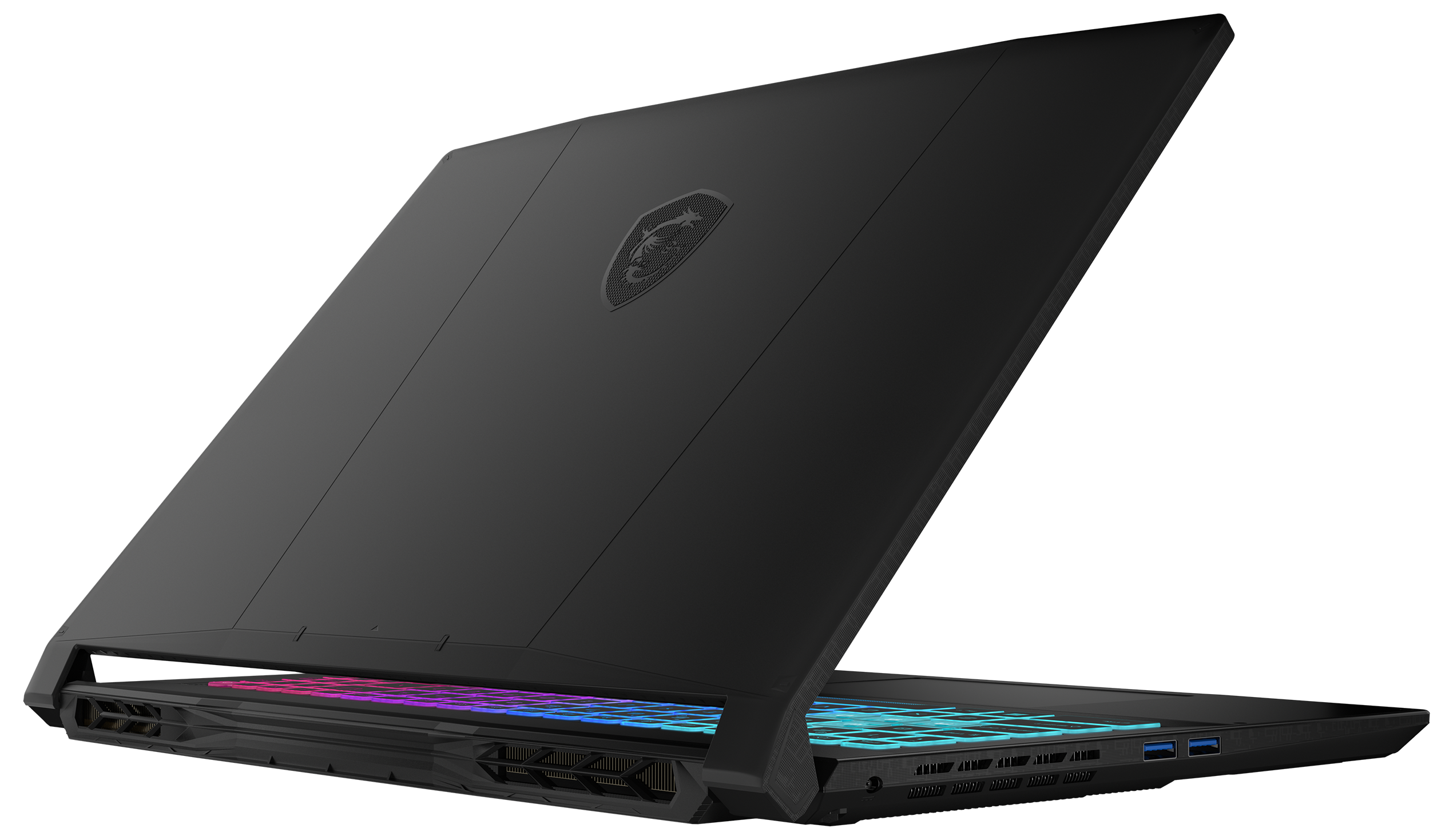 Schwarzer Laptop, geöffnet, mit beleuchteter Tastatur. Der Deckel hat ein Logo. Der Hintergrund ist dunkel.
