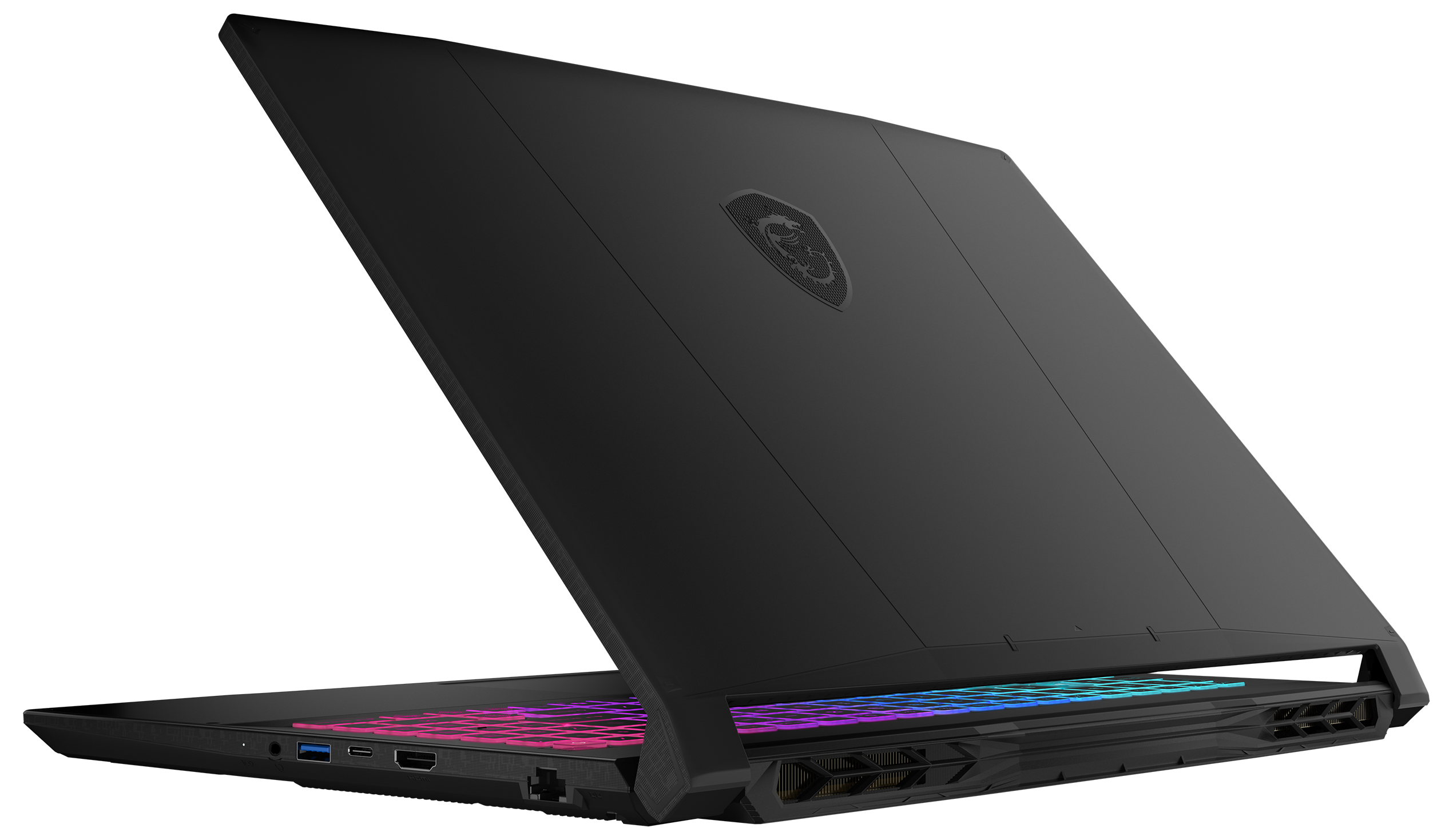 Schwarzer Laptop, offen, mit beleuchteter Tastatur. Rückseite mit Logo. Der Bildschirm ist abgewinkelt, Anschlüsse sichtbar.