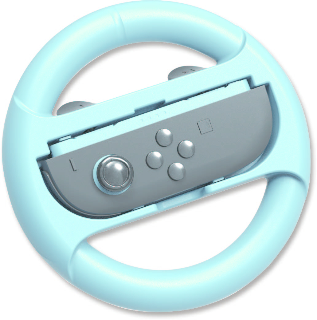 Jasnoniebieska kierownica do konsoli do gier. Trzyma szary kontroler z przyciskami i centralnym joystickiem. Białe tło.