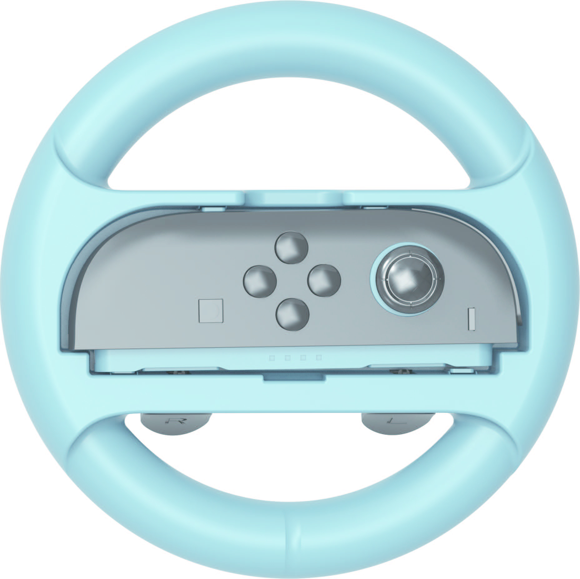 Jasnoniebieska kierownica do konsoli do gier, zaprojektowana do trzymania szarej konsoli, z przyciskami i joystickiem.