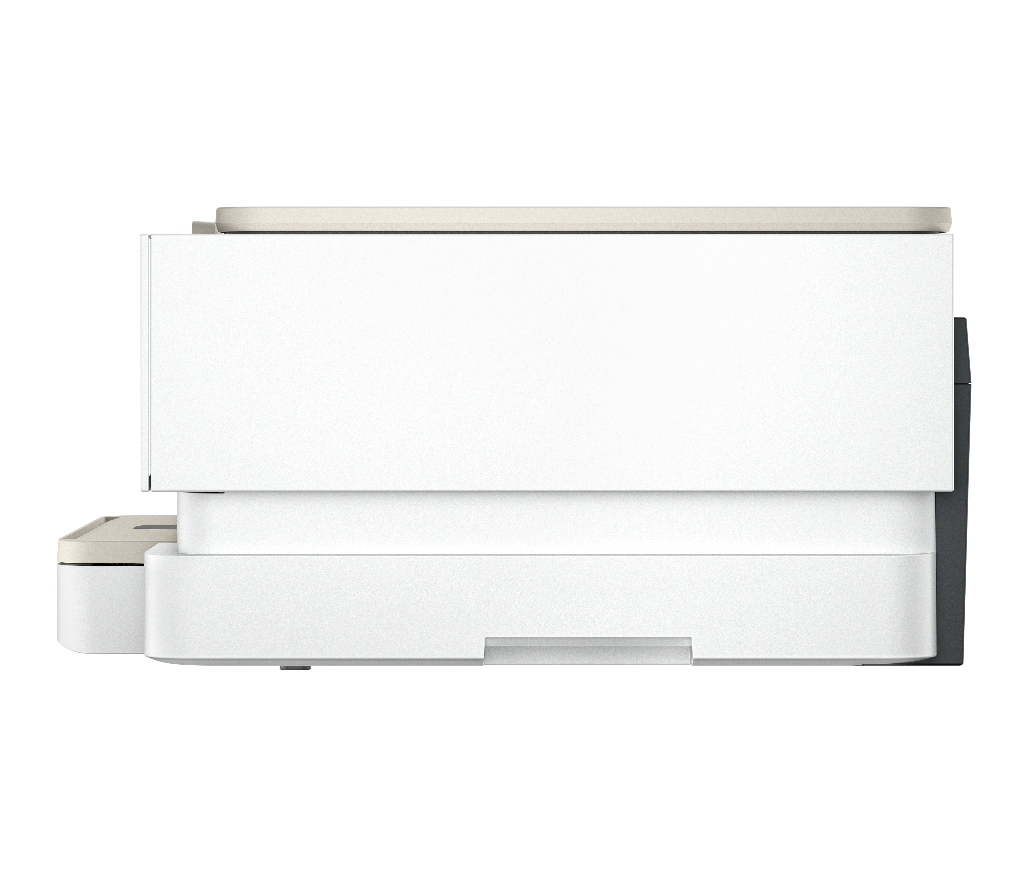 Widok z boku białej i szarej drukarki. Ma płaski wierzch, podajnik papieru i ciemnoszary panel boczny.