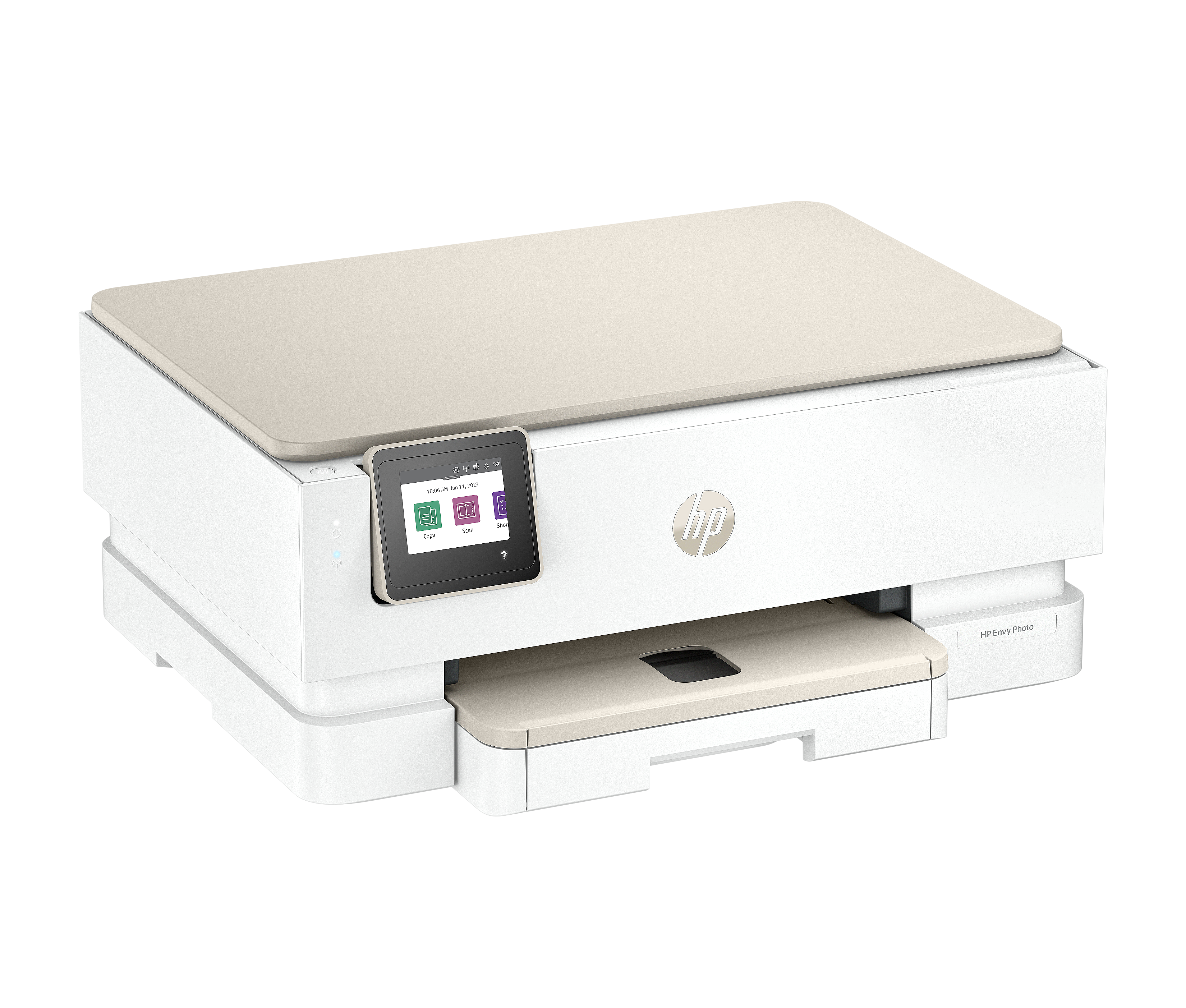 Drukarka HP Envy. Biała obudowa z beżową górą i tacą na papier. Mały ekran z przodu. Widoczne logo HP.