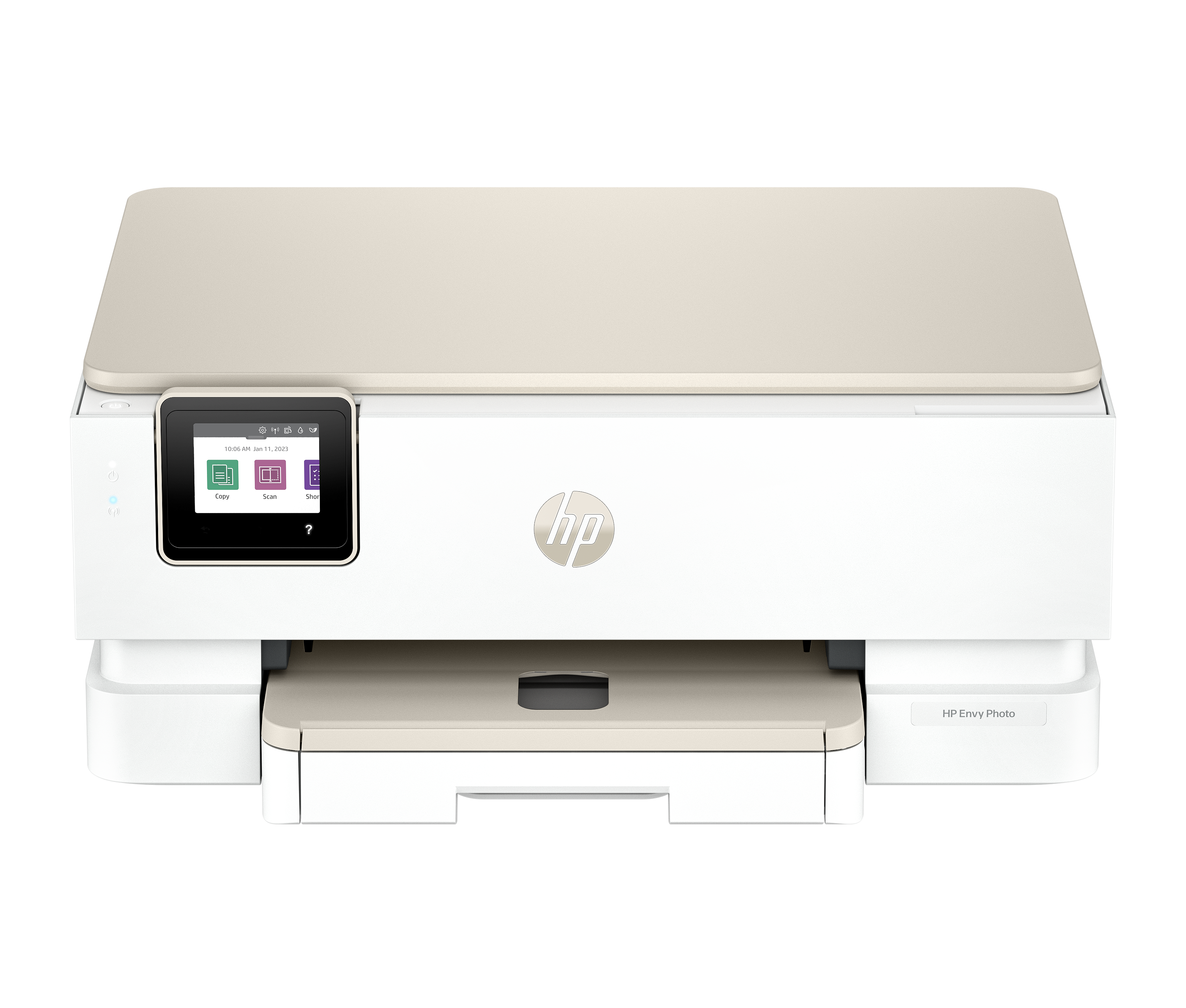 Drukarka HP Envy Photo. Biała obudowa z beżową górą i podajnikiem papieru. Kolorowy ekran dotykowy znajduje się po lewej stronie.