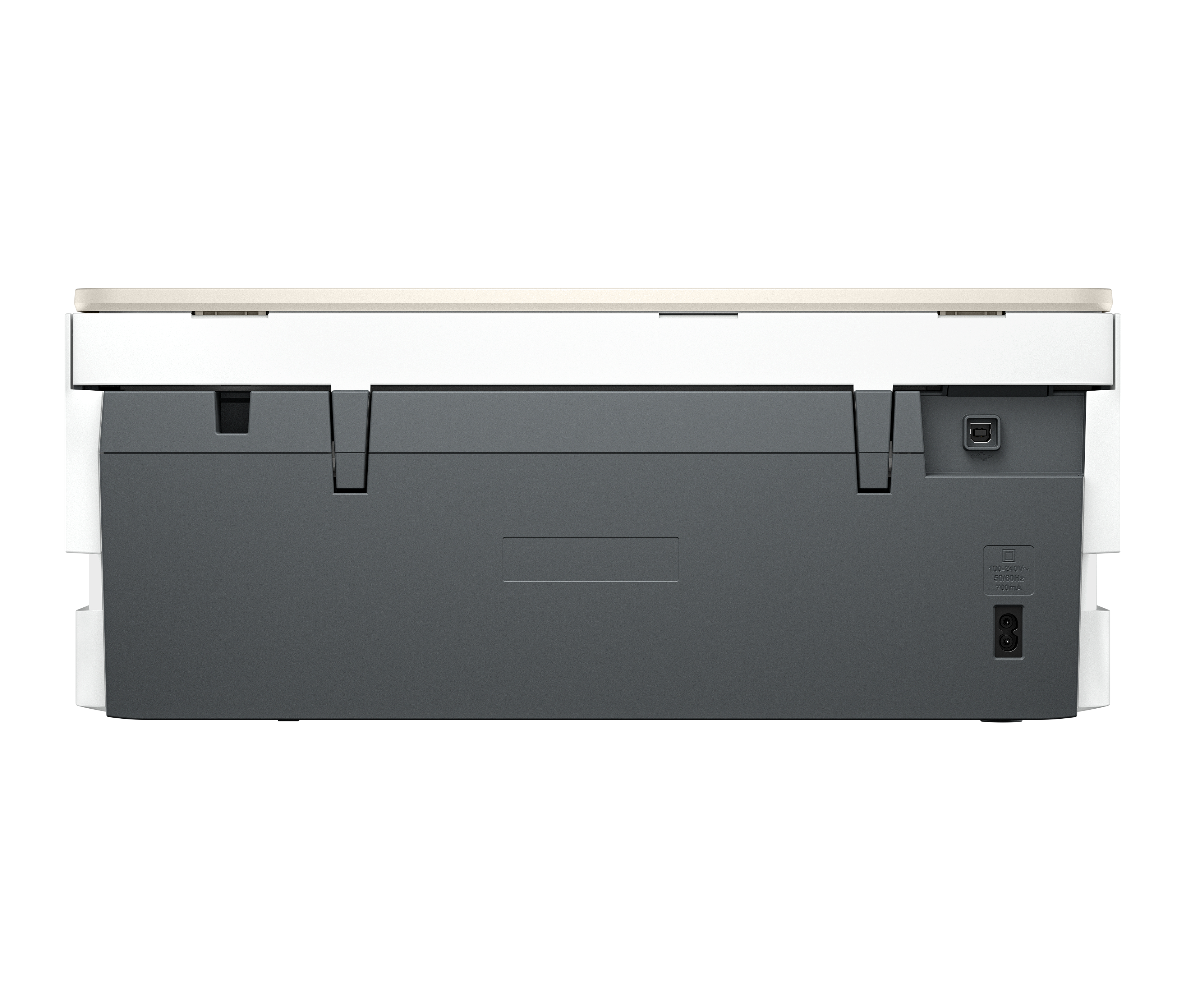 Tył drukarki. Beżowa góra, białe boki i szaro-czarna środkowa część z portami i gniazdem zasilania.