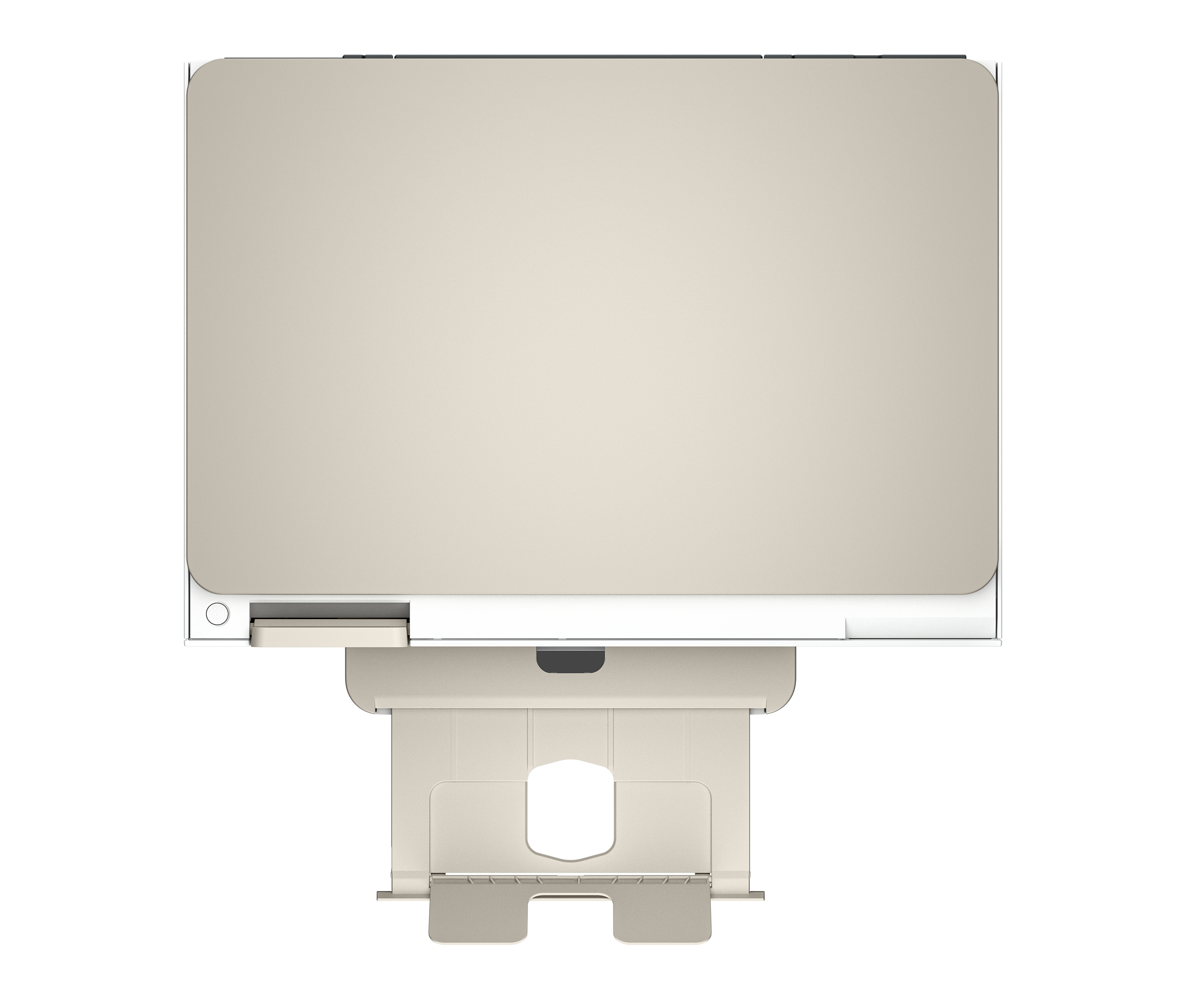 Widok z góry na beżową drukarkę. Górna część to duży prostokąt z zaokrąglonymi rogami, a poniżej mniejsza sekcja.