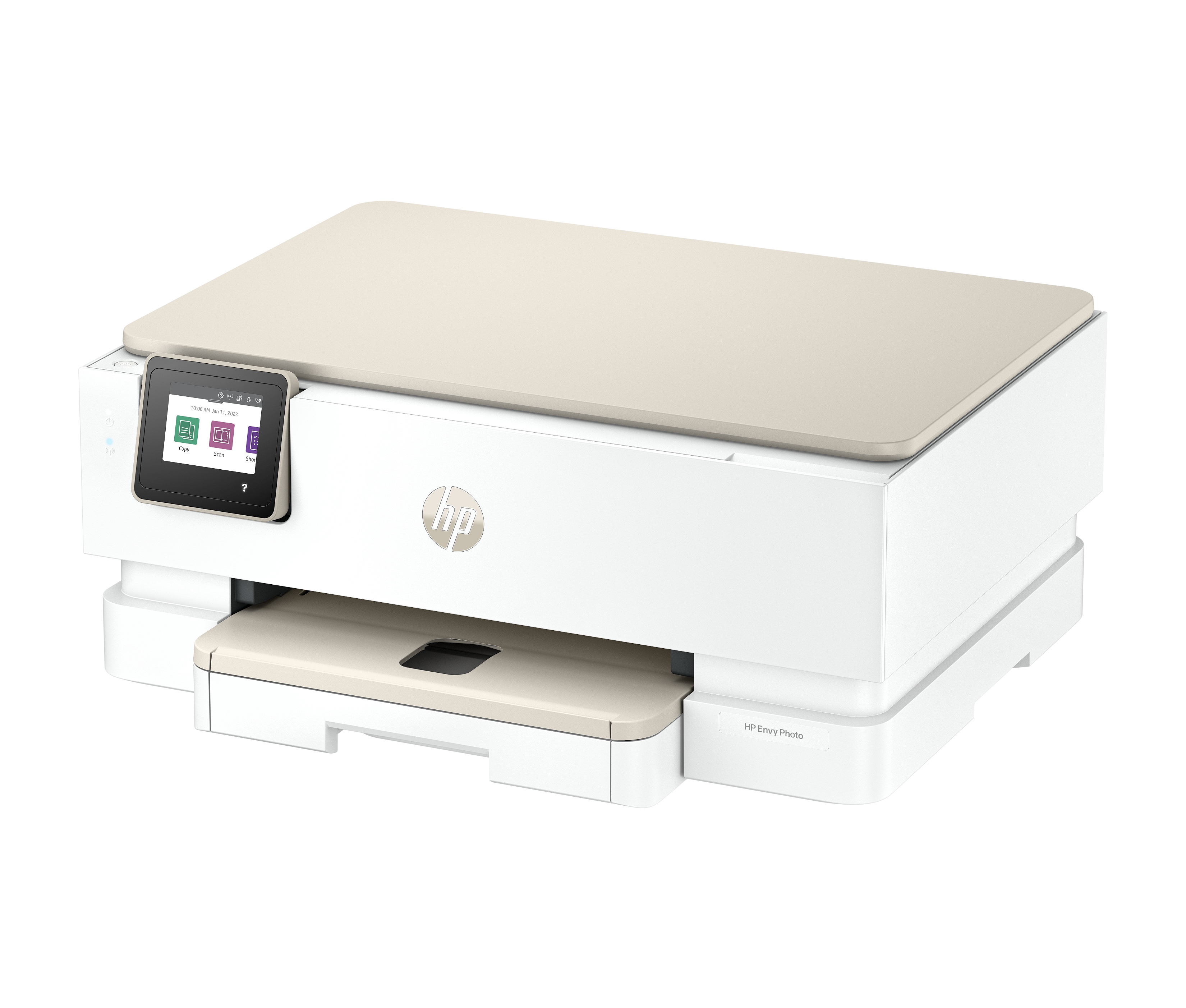Biała drukarka HP z beżową górą i podajnikiem papieru. Mały ekran po lewej stronie wyświetla kolorowe ikony.
