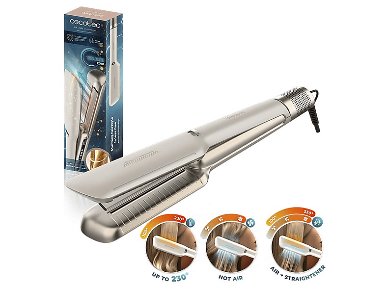 MediaMarkt Air Lisse, Cecotec Plancha De Pelo, Con Aire, Revestimiento Cerámica, 1600 W, Tecnología Iónica, Keratina Y Aceite Argán, 3 Modos, Champagne