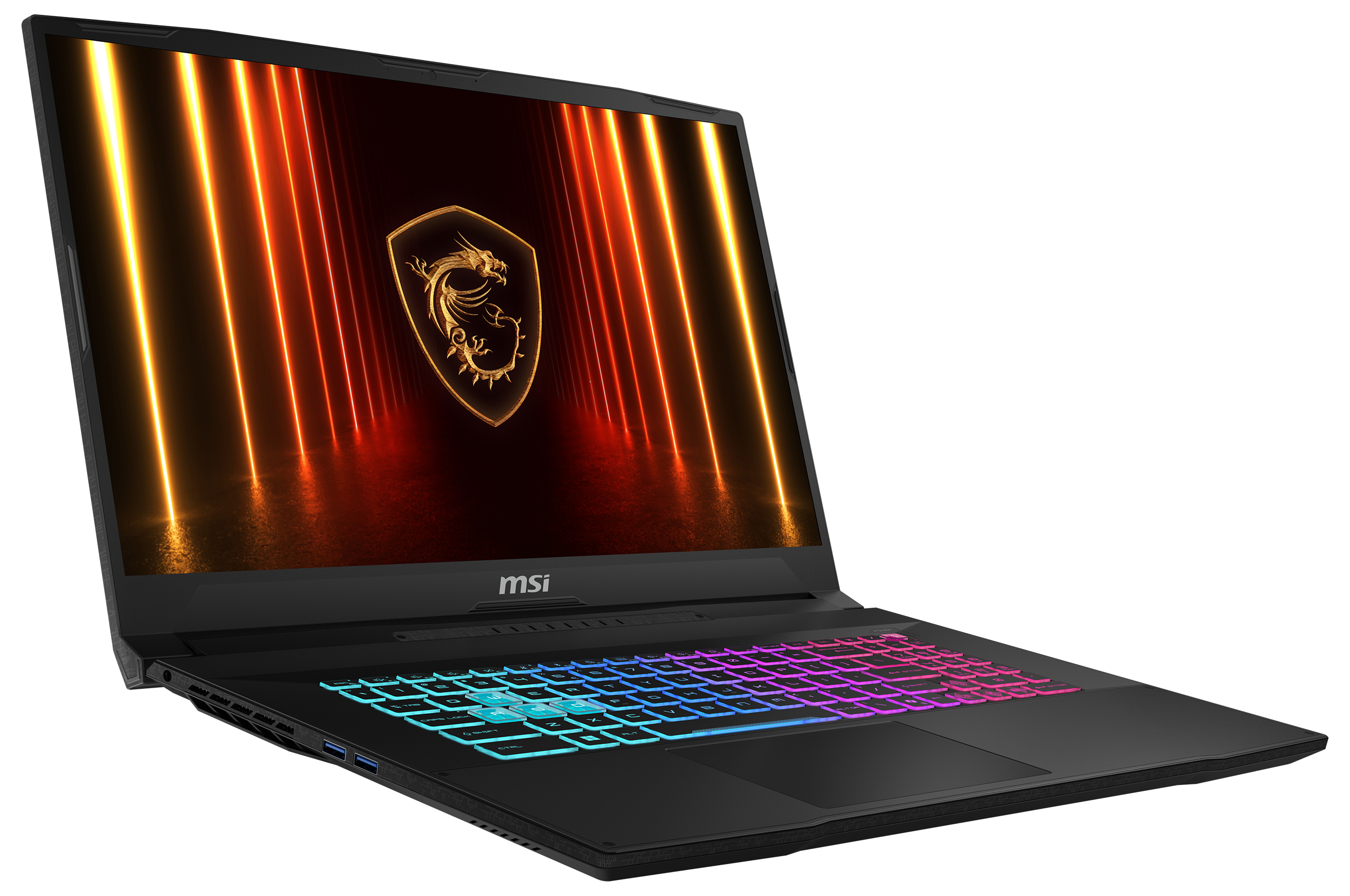 Schwarzer MSI-Laptop, beleuchtete Tastatur. Bildschirm zeigt einen goldenen Drachen auf rotem und orangem Hintergrund.