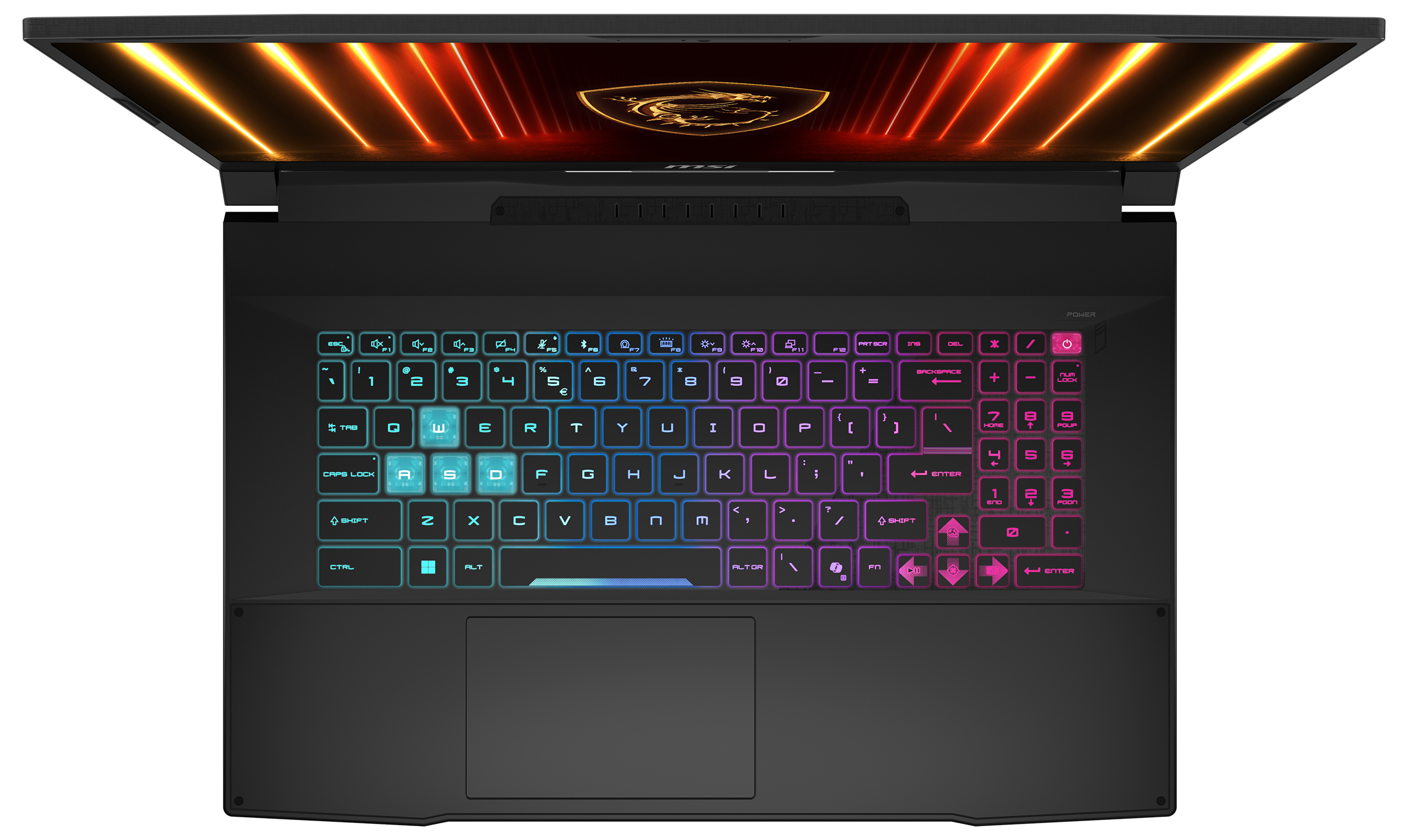 Draufsicht auf einen Laptop mit hintergrundbeleuchteter Tastatur. Der Bildschirm zeigt ein farbenfrohes Design. Die Tastatur ist schwarz.