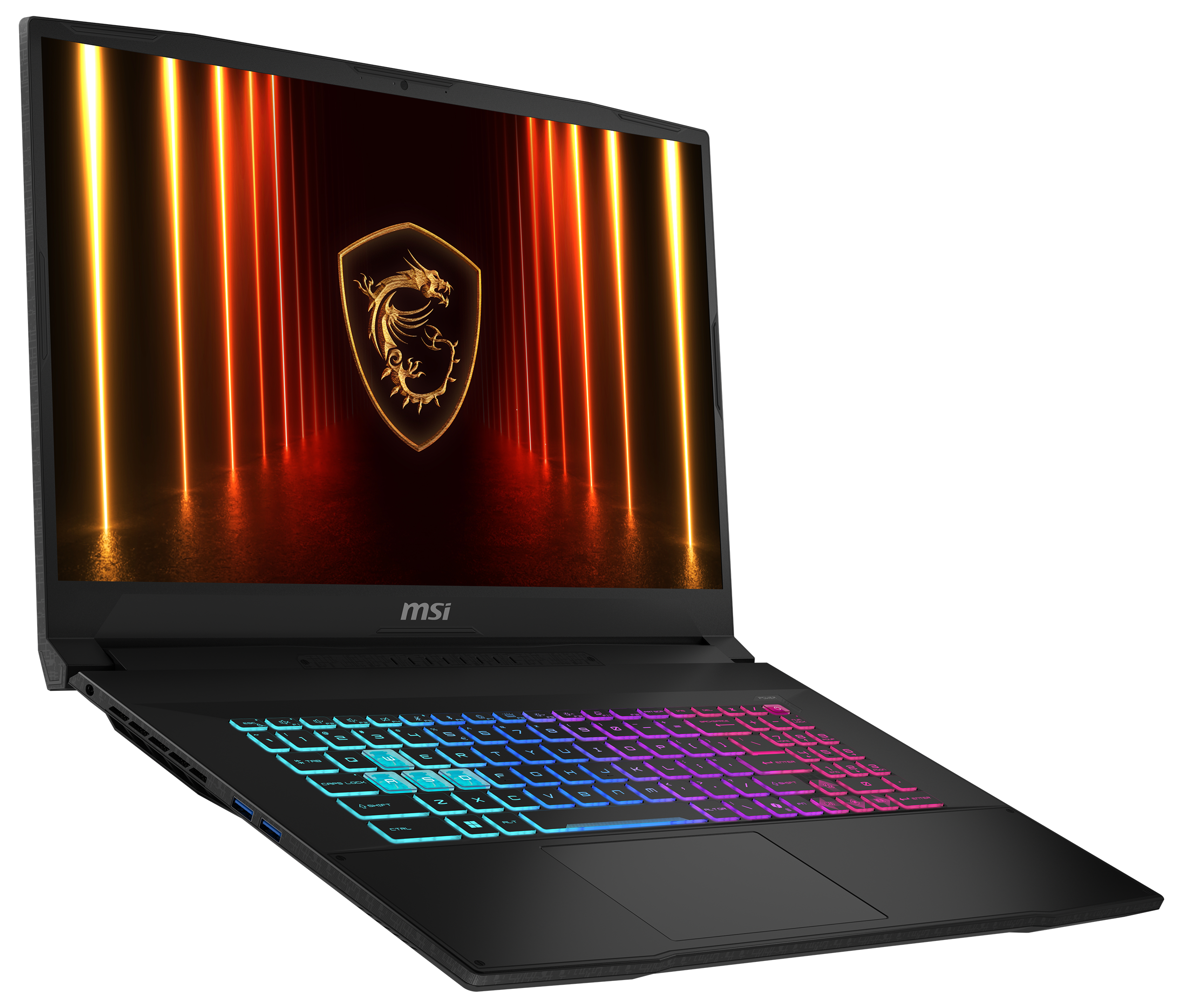 Schwarzer Laptop mit beleuchteter Tastatur. Der Bildschirm zeigt ein Drachenlogo und vertikale orangefarbene Lichter.