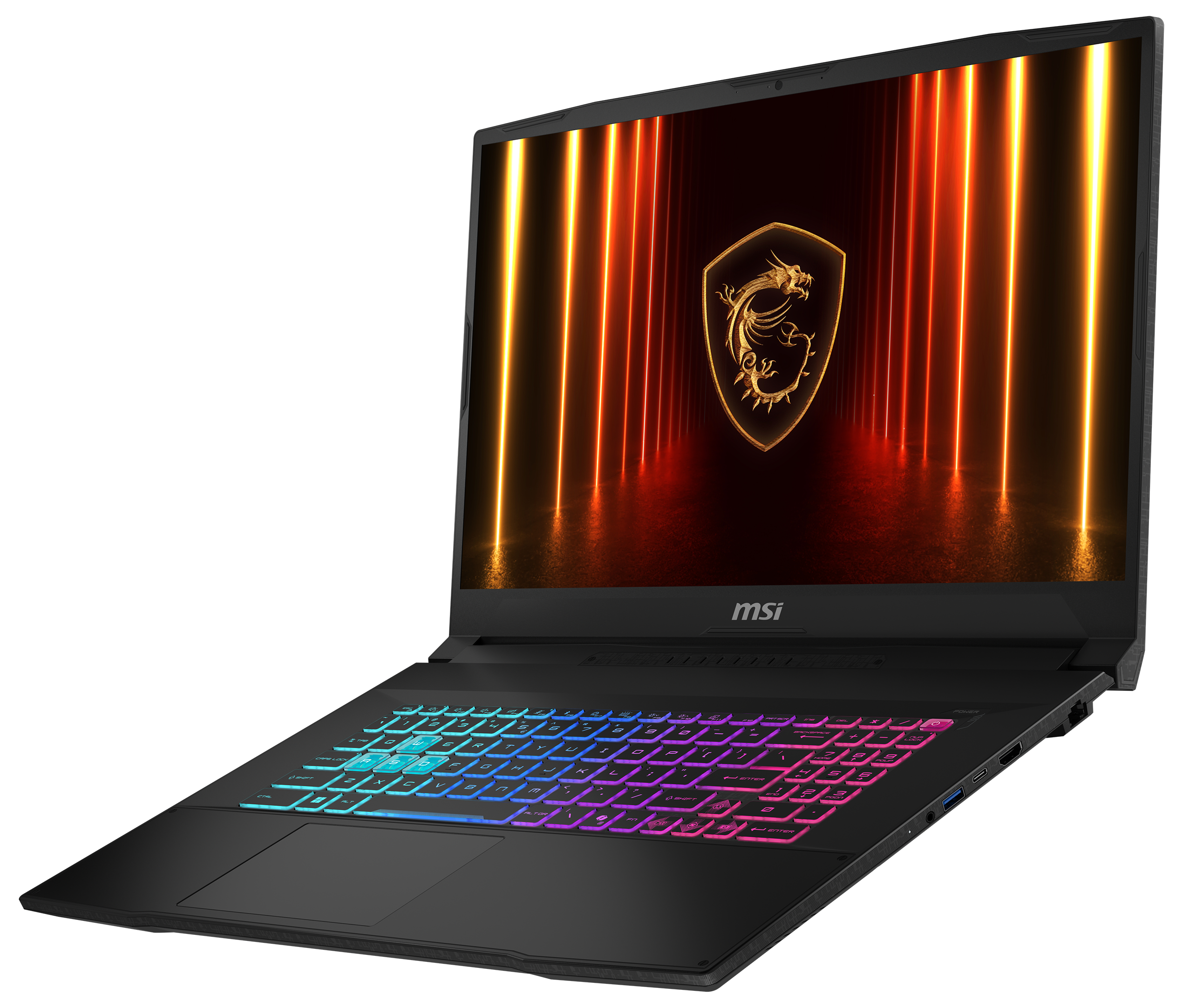 Schwarzer MSI-Laptop mit RGB-Tastatur, Bildschirm zeigt goldenes Drachenlogo mit orangefarbenen Lichtern.