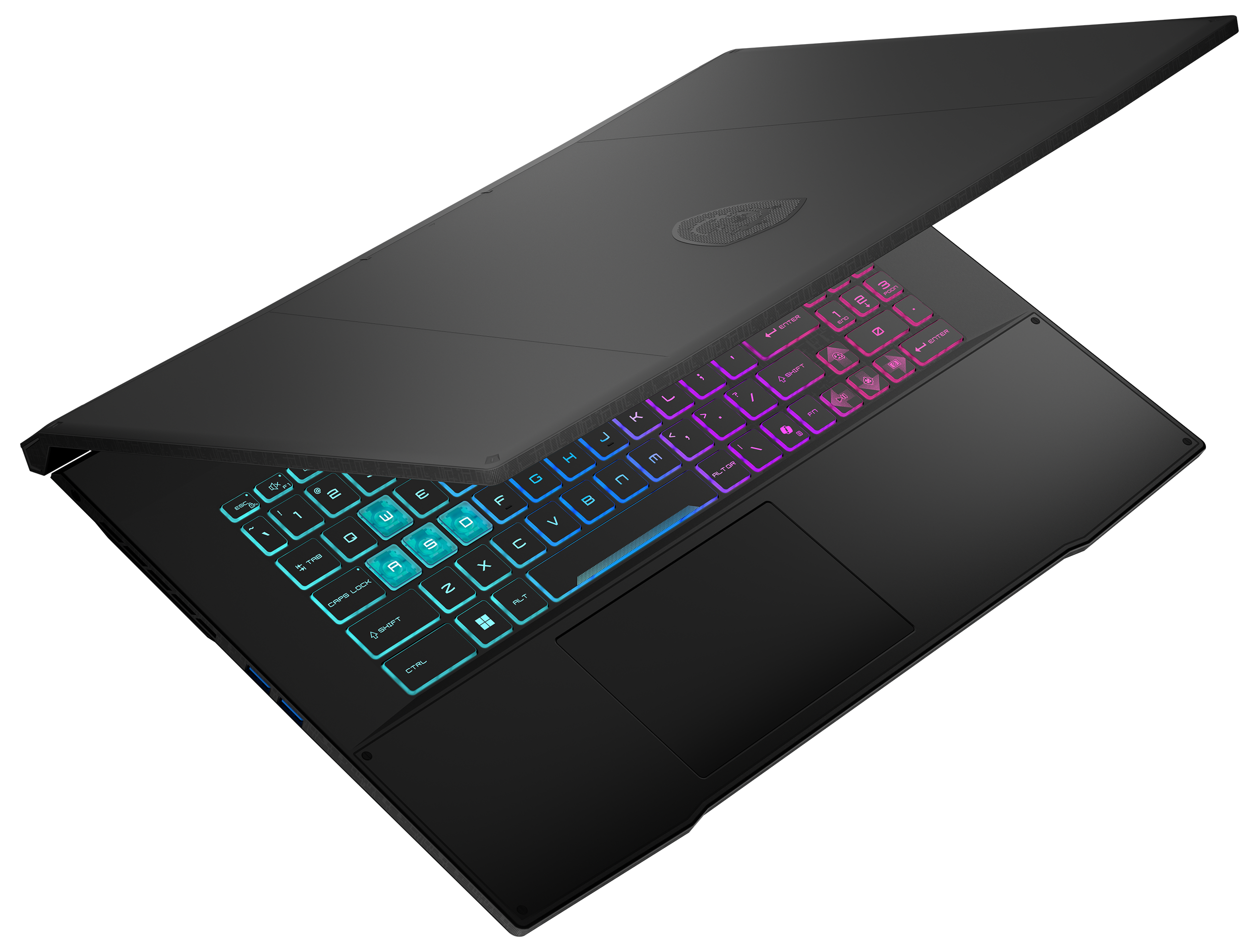 Schwarzer Laptop mit beleuchteter Tastatur. Tasten leuchten blau, rosa und lila. Bildschirm ist offen.