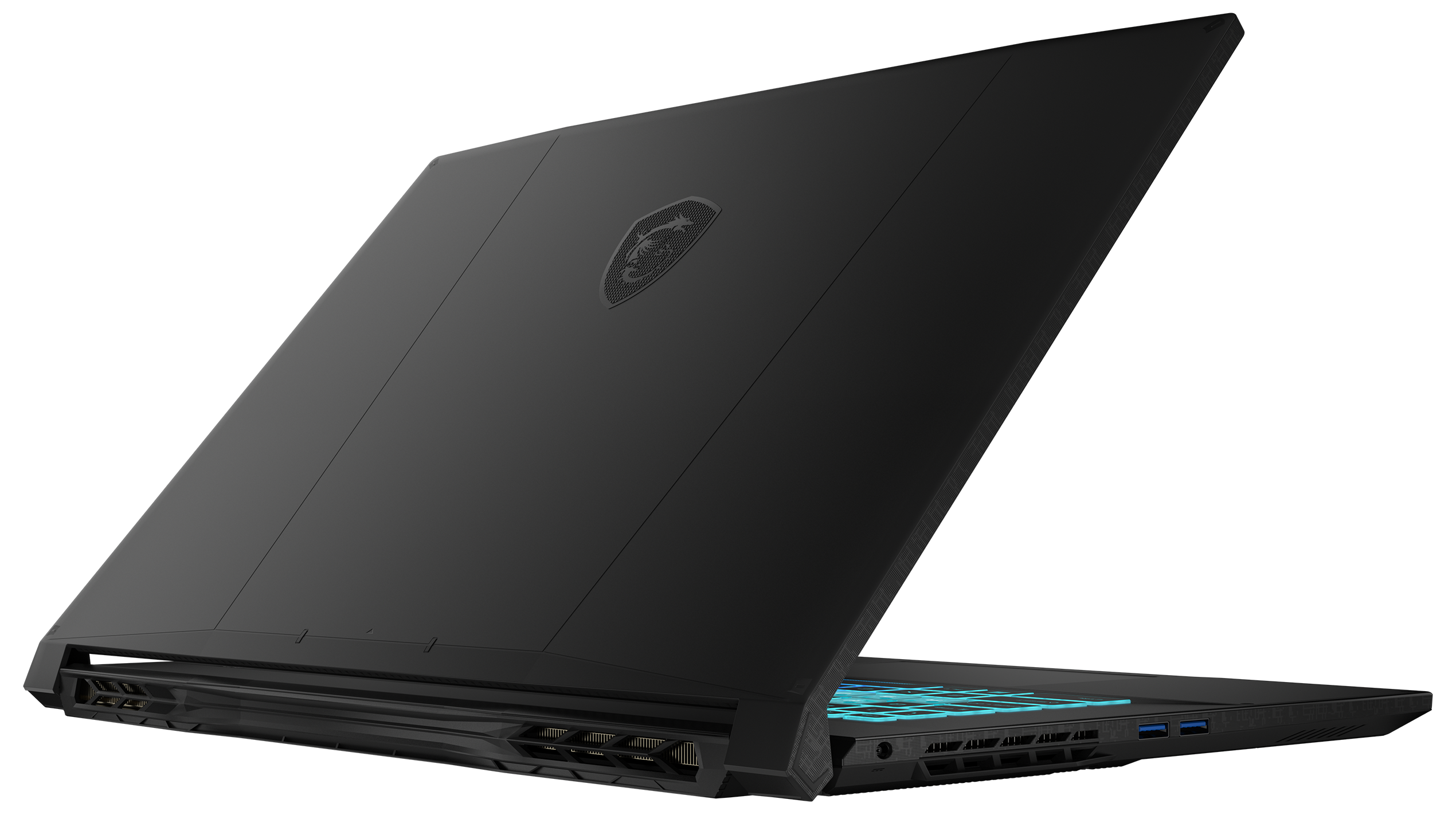 Schwarzer Laptop, teilweise geöffnet. Das MSI-Logo ist sichtbar. Die Tastatur leuchtet blau. Der Hintergrund ist schwarz.