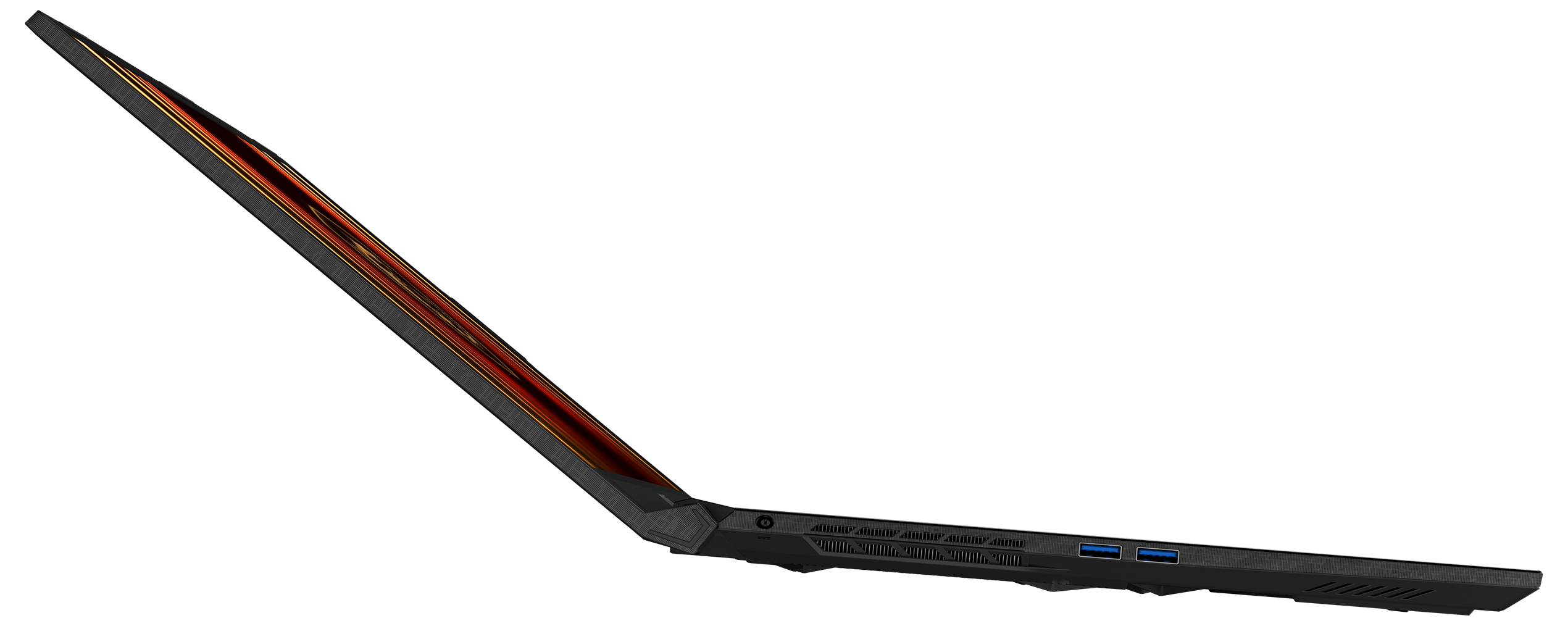 Seitenansicht eines Laptops. Der Bildschirm zeigt orange und gelbe Farben. Der Körper ist dunkelgrau. Schwarzer Hintergrund.