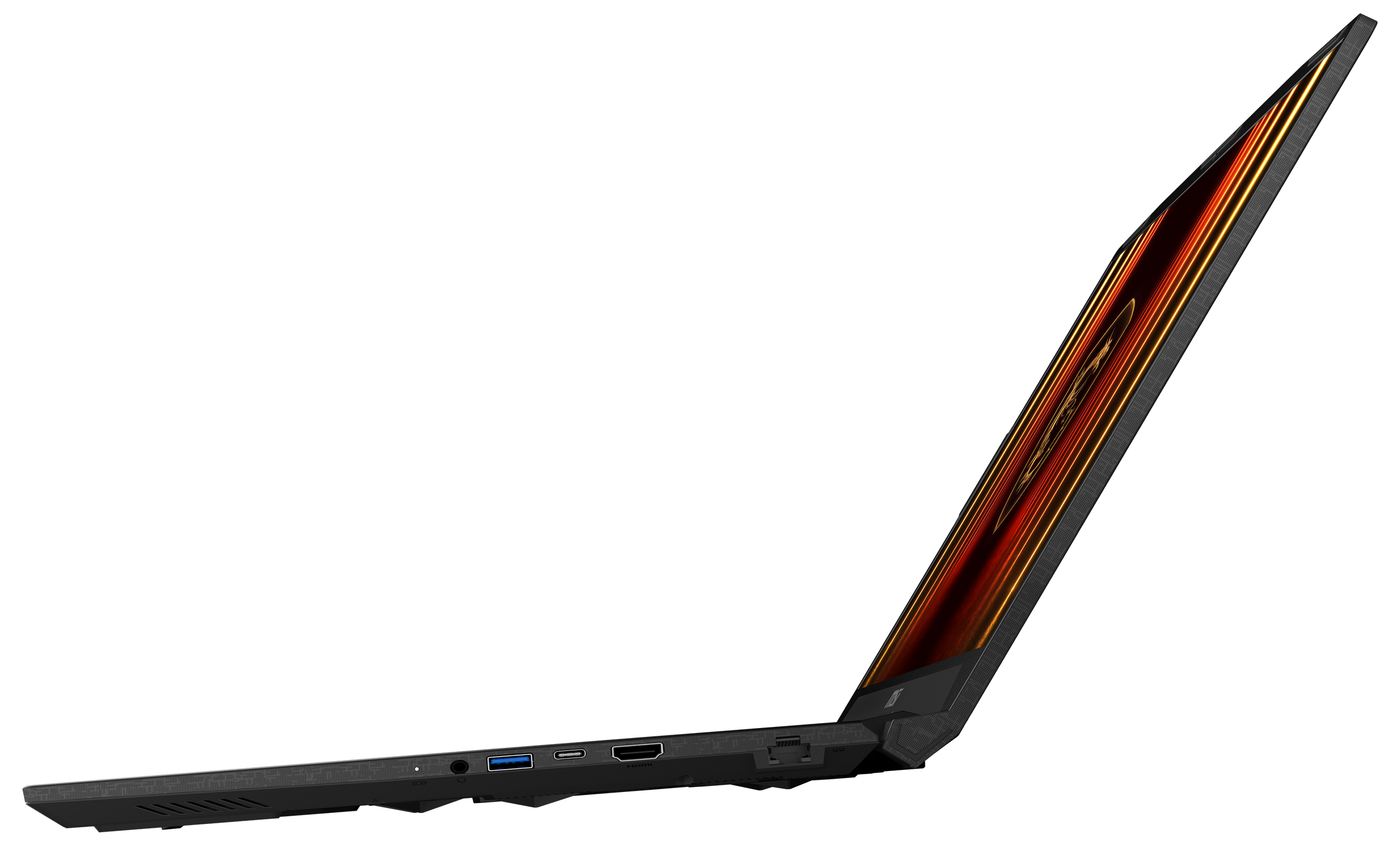Seitenansicht eines schwarzen Laptops mit geöffnetem Bildschirm, der orange und gelbe Linien auf schwarzem Hintergrund zeigt.