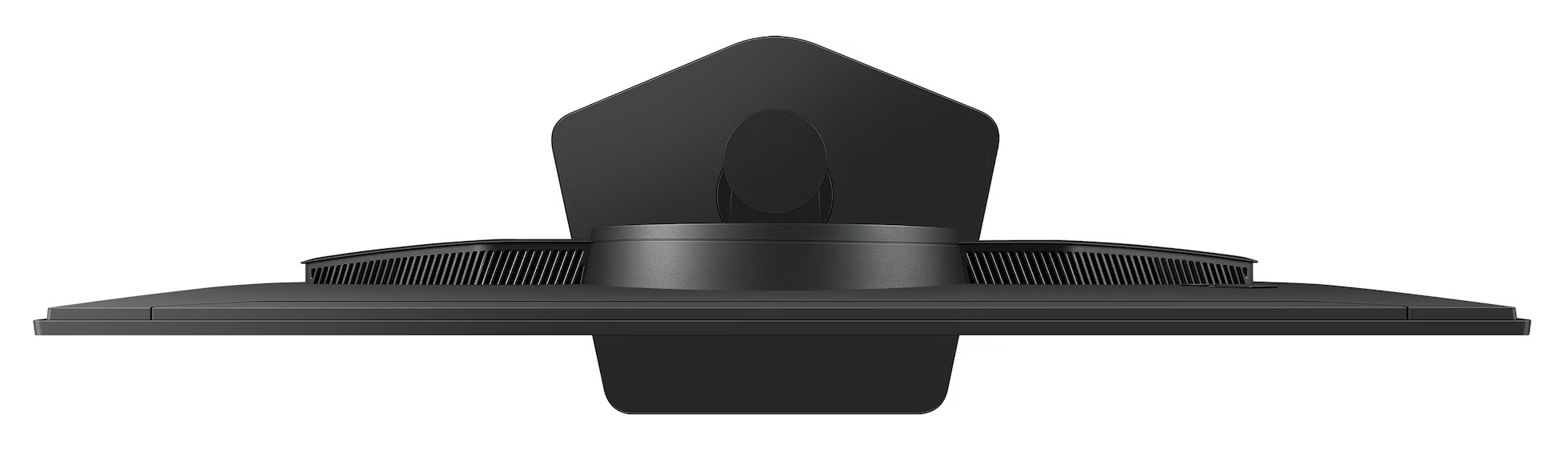 Widok z góry czarnego monitora komputera, ze stojakiem i wentylacją.