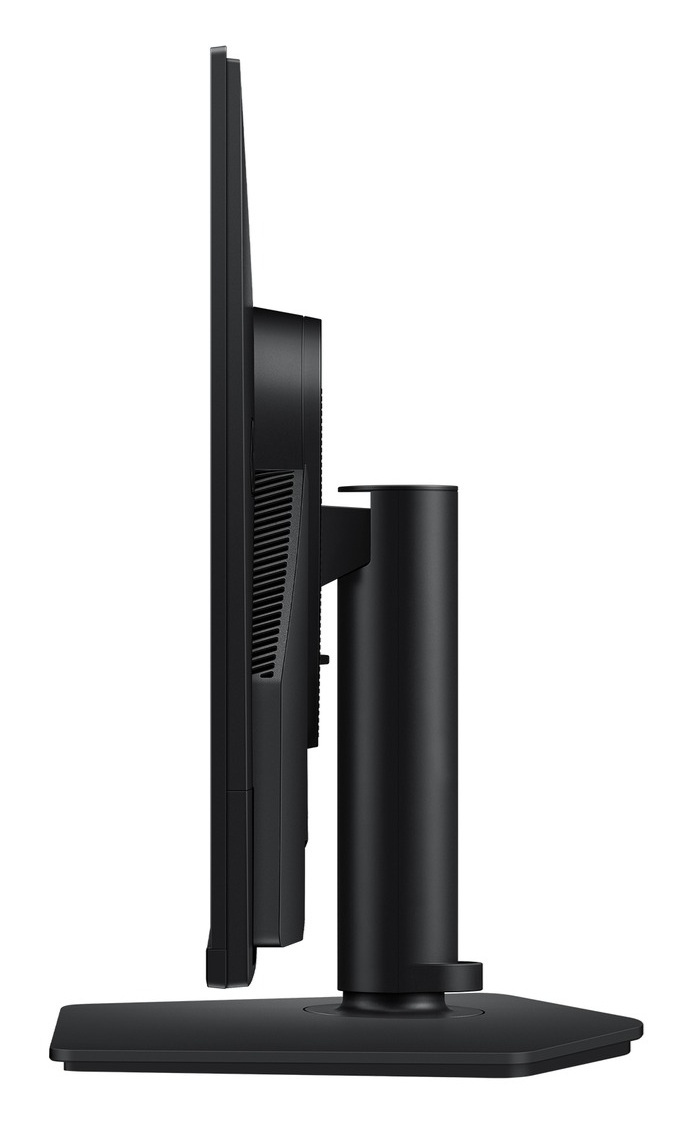 Widok z boku czarnego monitora komputerowego. Ekran jest cienki, wspierany przez stojak. Podstawa jest kwadratowa.
