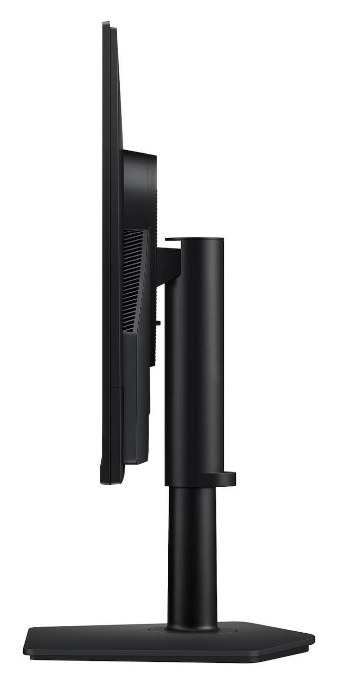 Widok z boku czarnego monitora komputera, z czarną podstawą i podstawą. Ekran jest cienki, a stojak cylindryczny.