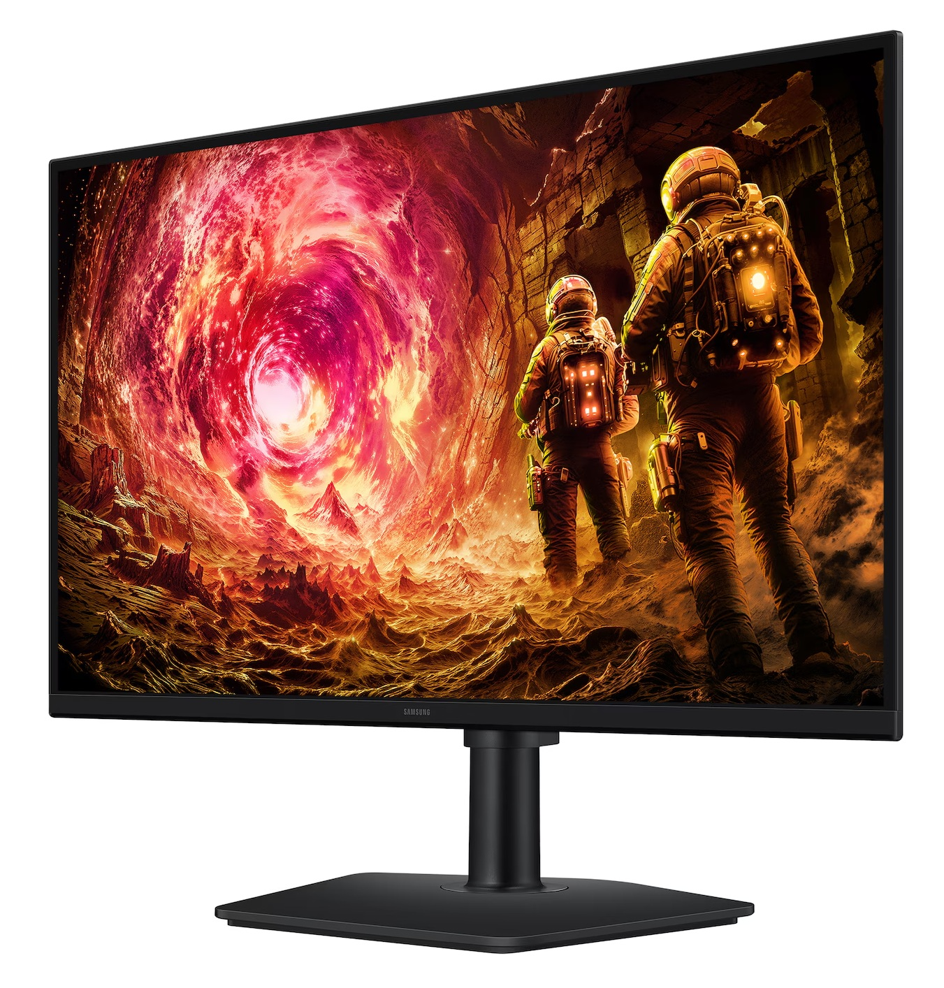 Monitor wyświetlający astronautów eksplorujących czerwoną i pomarańczową mgławicę. Astronauci idą w stronę mgławicy.