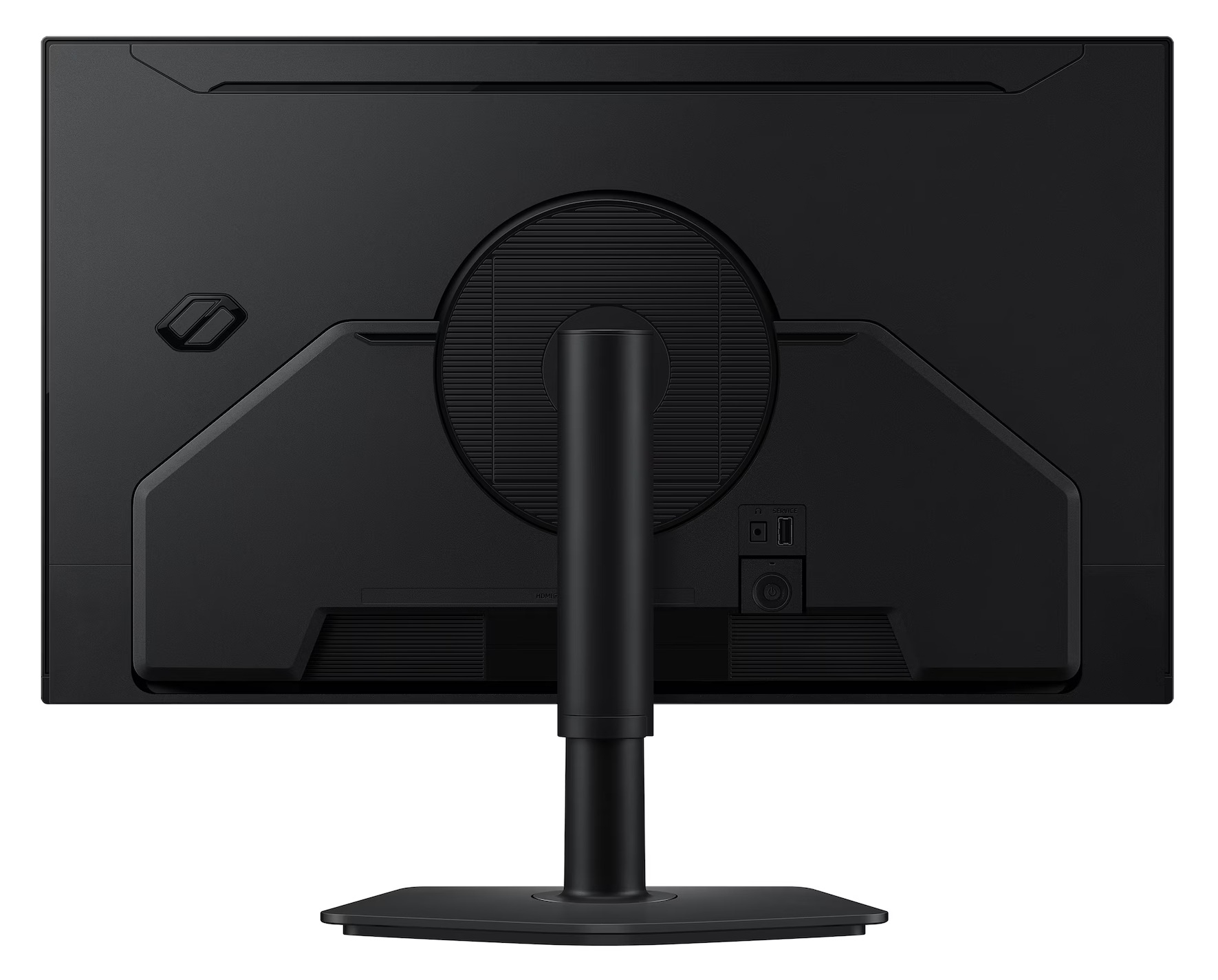 Tył czarnego monitora komputera. Ma podstawę, porty i okrągły element designu.