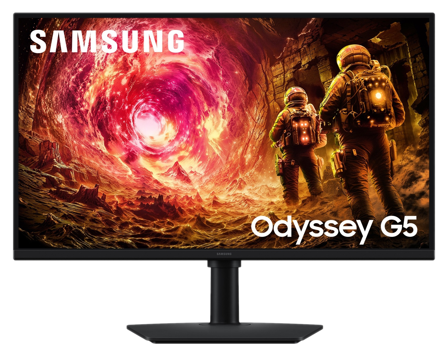 Monitor Samsung Odyssey G5 wyświetla astronautów w płonącym krajobrazie, z czerwonymi i pomarańczowymi odcieniami. Ekran jest czarny, z czarną podstawą.