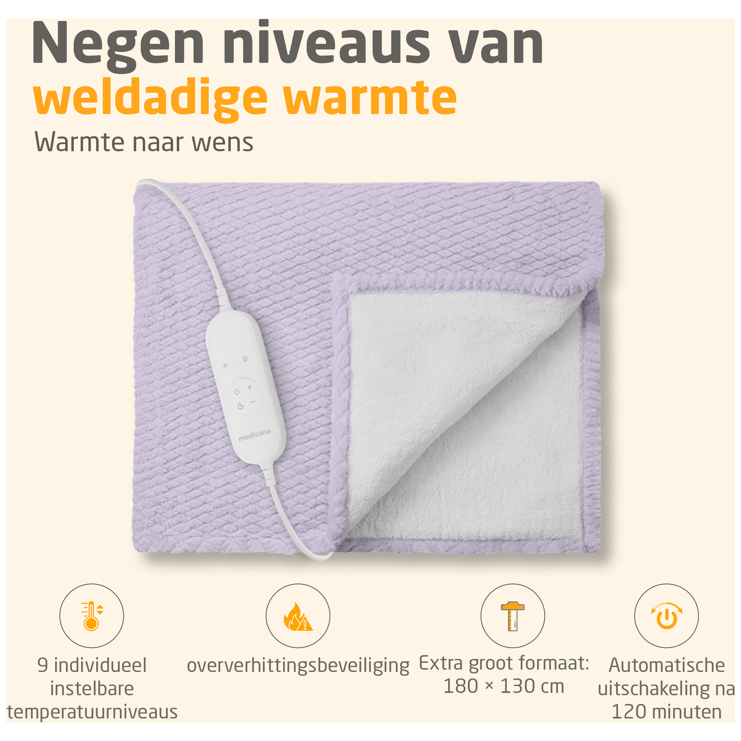 A light purple heating pad with a white inner layer and a control panel, with text describing its features.