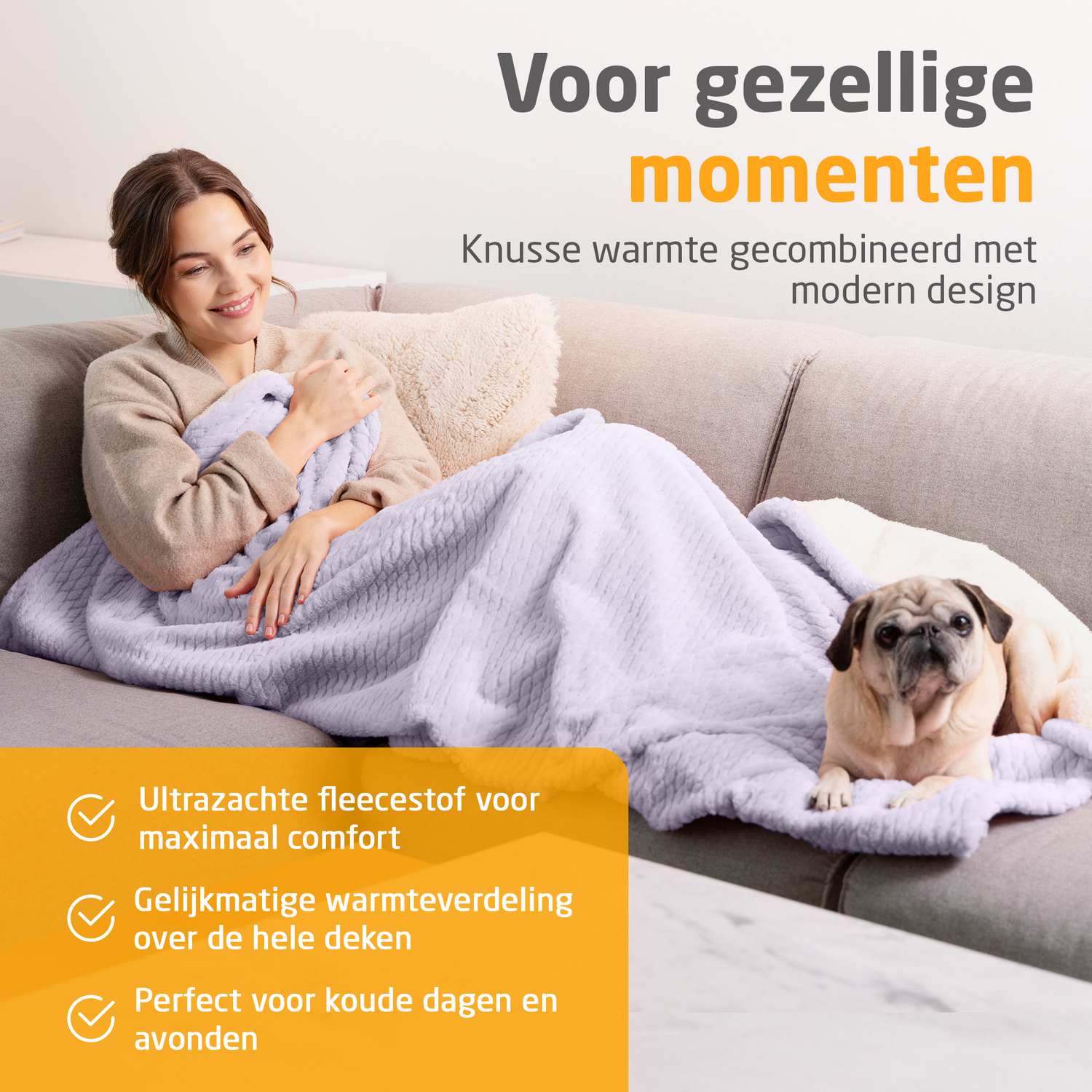 Woman on a sofa with a blanket and a dog. Text says, 'For cozy moments' and highlights blanket features.