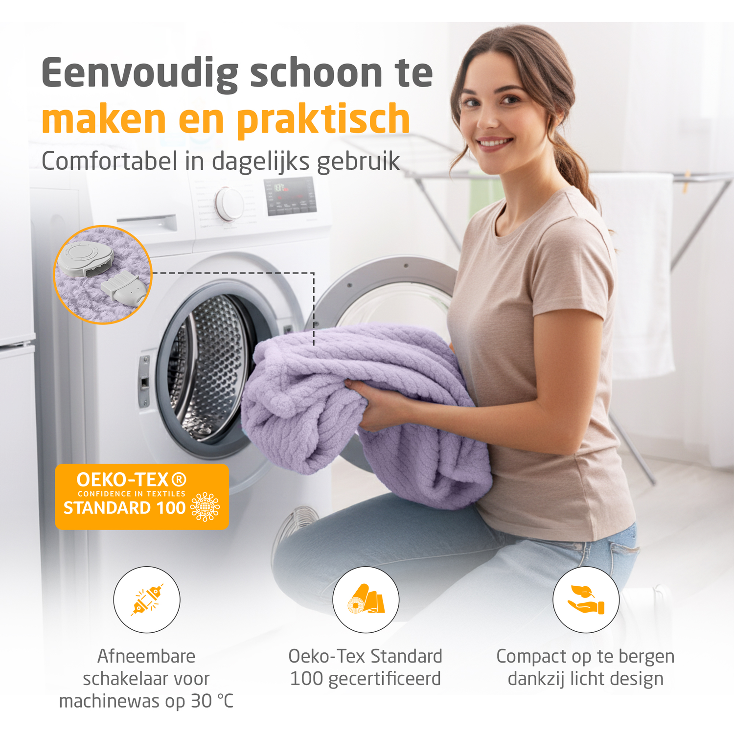 A woman smiles while holding a purple blanket near an open washing machine. The image promotes easy-to-clean and practical textiles.