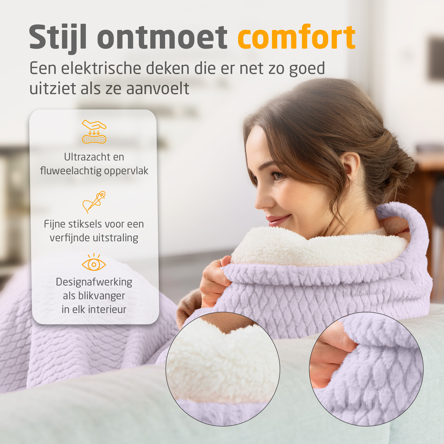 A woman smiles while wrapped in a lavender blanket. The blanket is soft and has a white, fluffy interior. Text overlays describe the blanket.