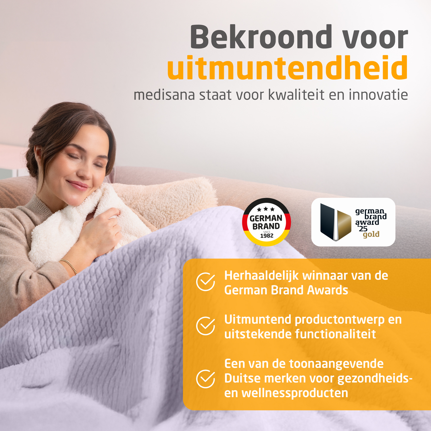 Woman with eyes closed, hugging a white blanket, sitting on a sofa. Text: German Brand Award, German brand, and product details.