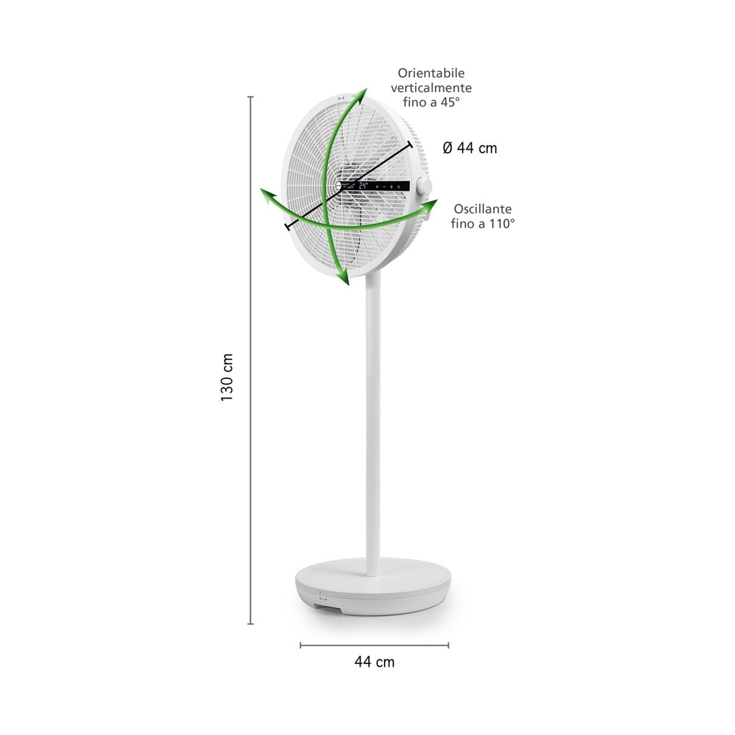 Un ventilatore a colonna bianco con dimensioni: 130 cm di altezza, 44 cm di diametro della base e 44 cm di diametro della ventola. Può oscillare di 110°.