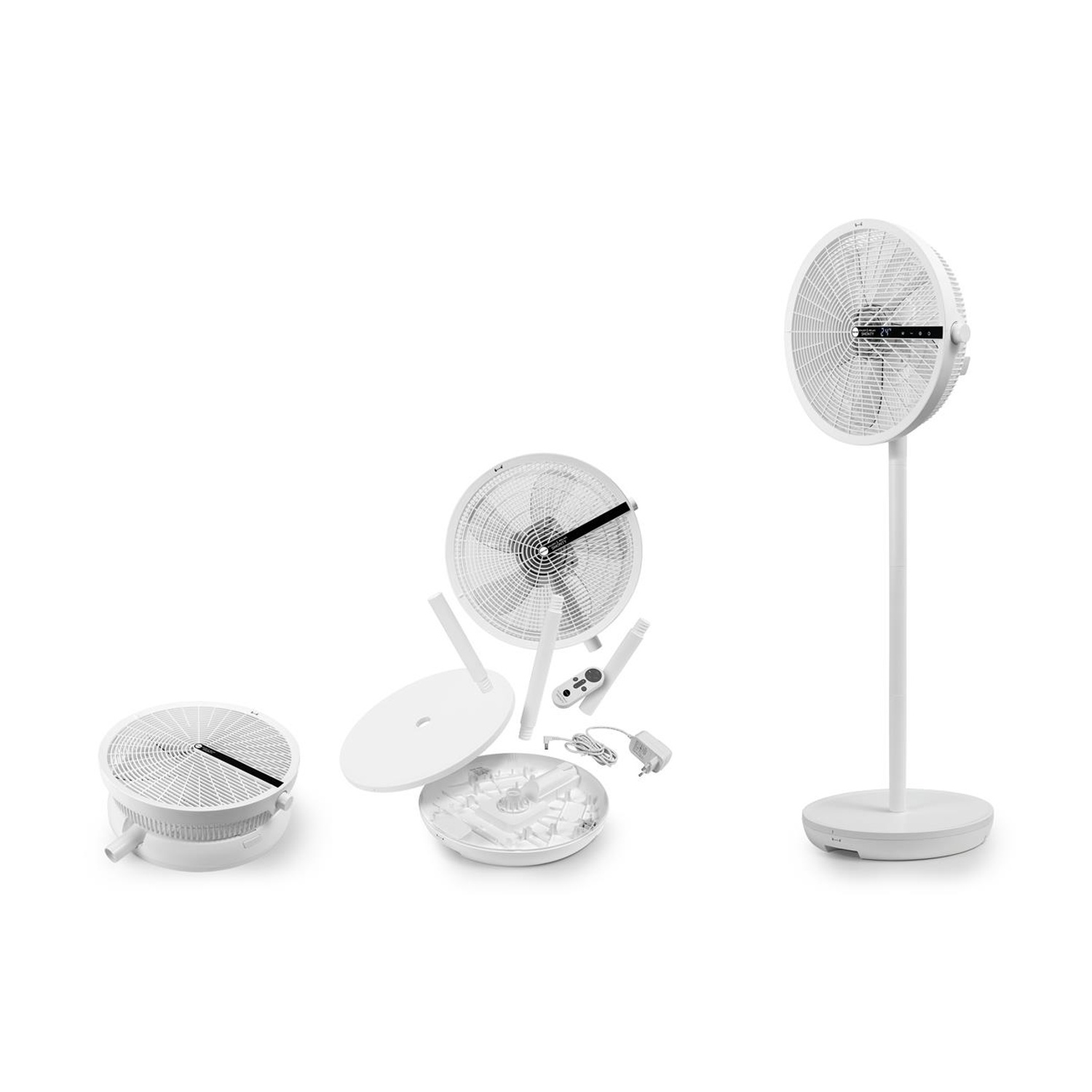 Ventilatore elettrico bianco smontato. Parti: base, supporto, testa e telecomando. Isolato su sfondo bianco.