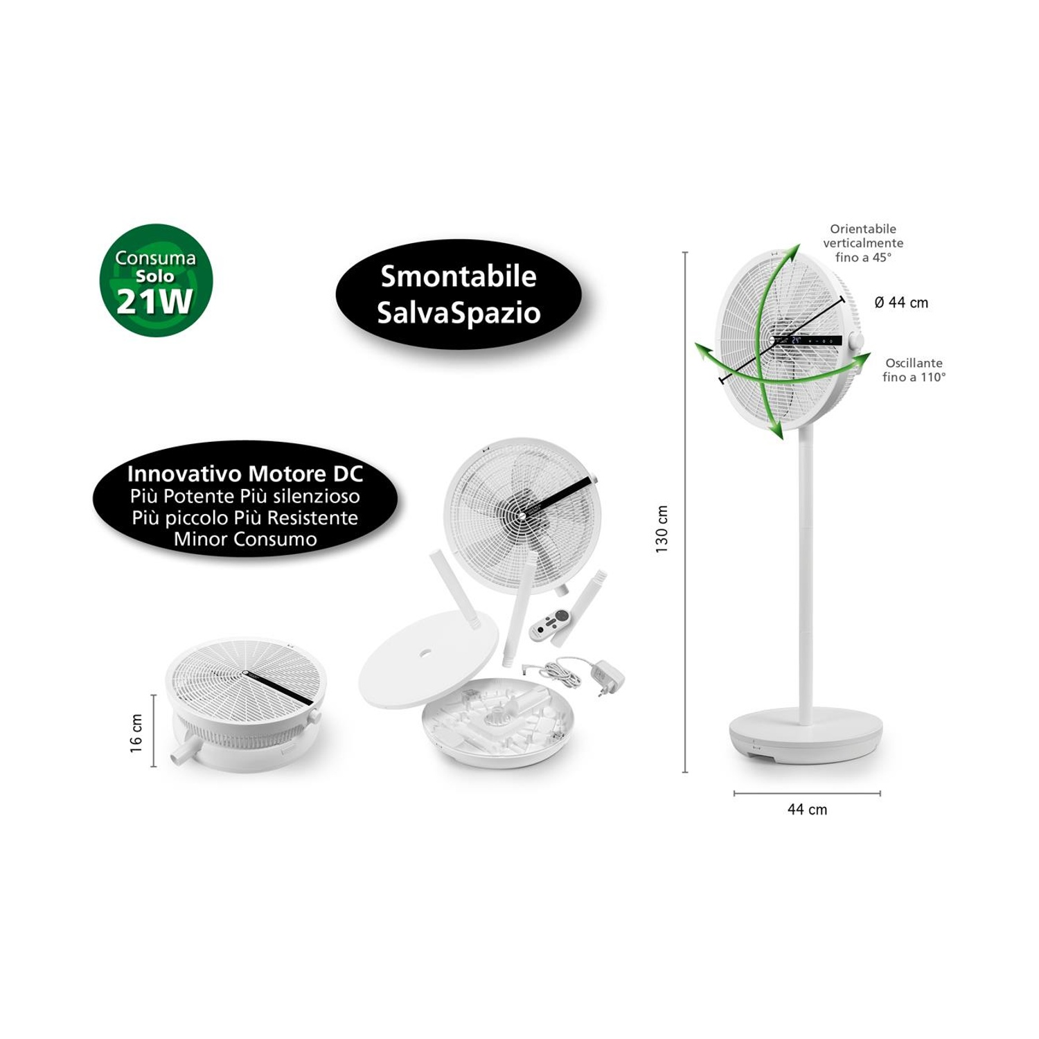 Diagramma di un ventilatore bianco, smontato e assemblato. Mostra dimensioni e funzionalità come oscillazione e consumo energetico di 21W.