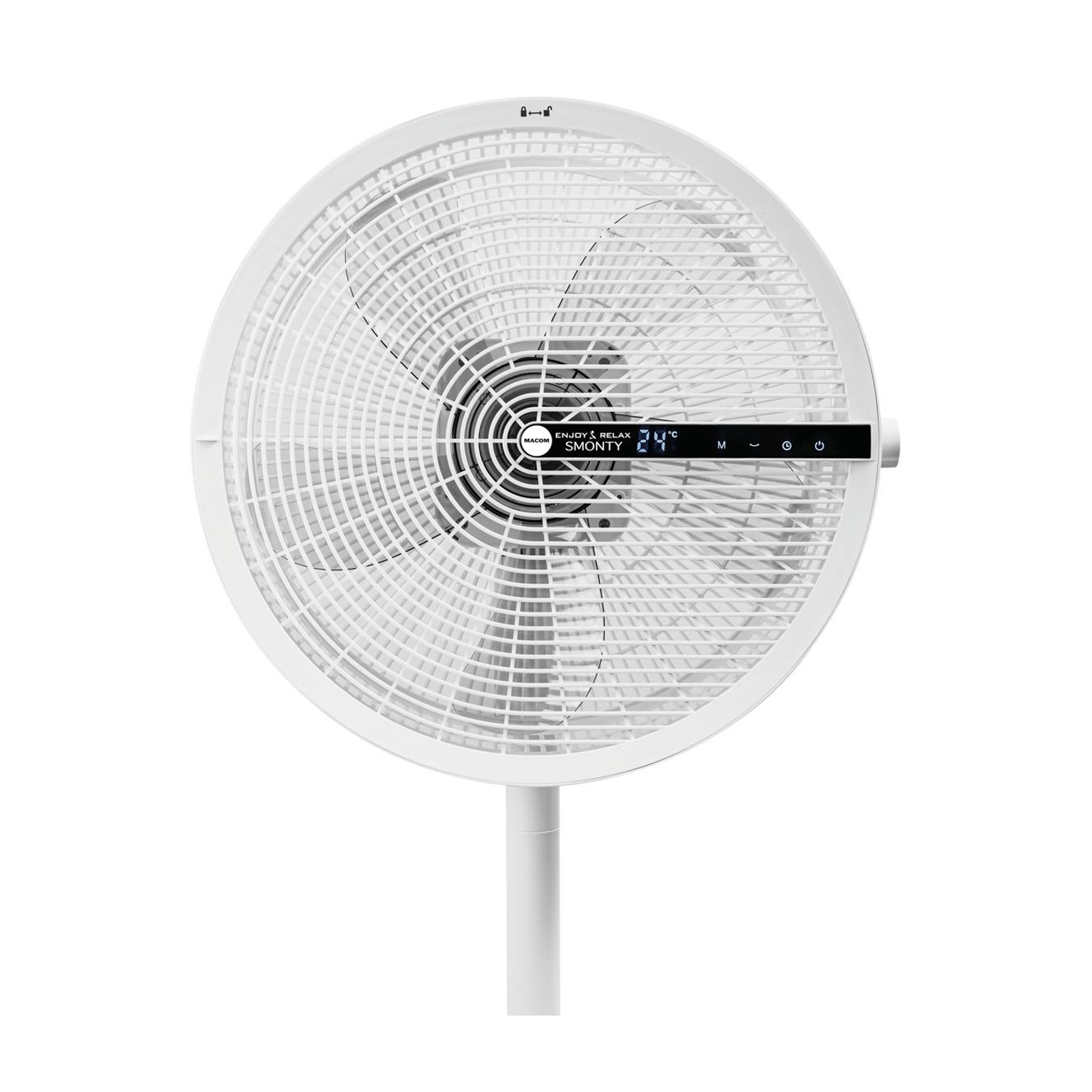Un ventilatore a piantana bianco con display digitale che mostra 24 gradi Celsius. Il ventilatore ha un design circolare e su sfondo bianco.