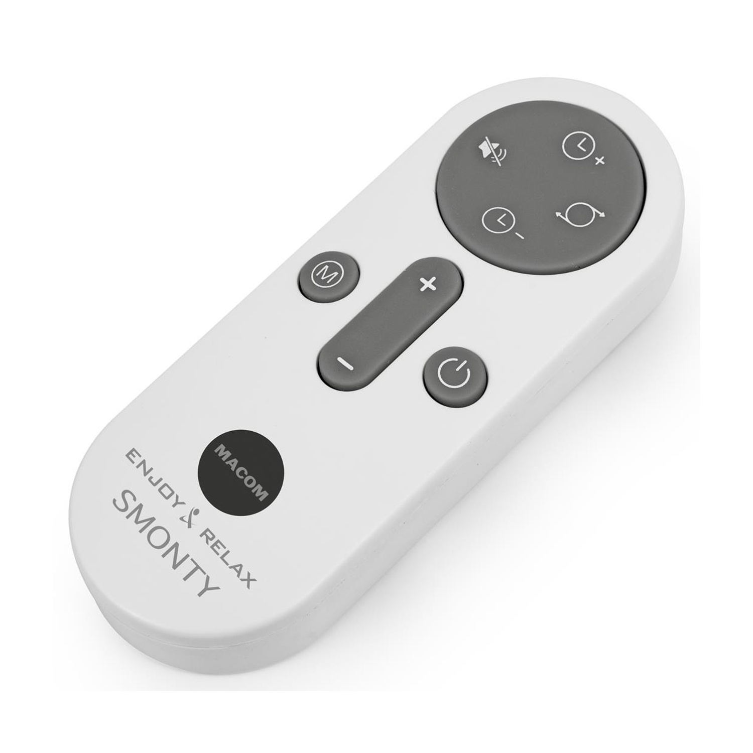 Un telecomando bianco con pulsanti grigi. Ha comandi di accensione, volume e timer, più il marchio: MACOM SMONTY ENJOY & RELAX.