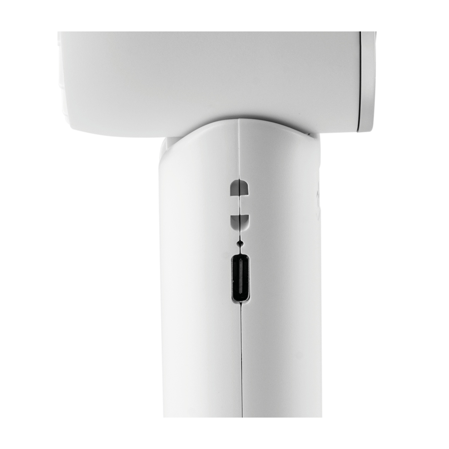 Primo piano di un dispositivo bianco con porta USB. Il dispositivo ha una parte superiore arrotondata e un corpo cilindrico.