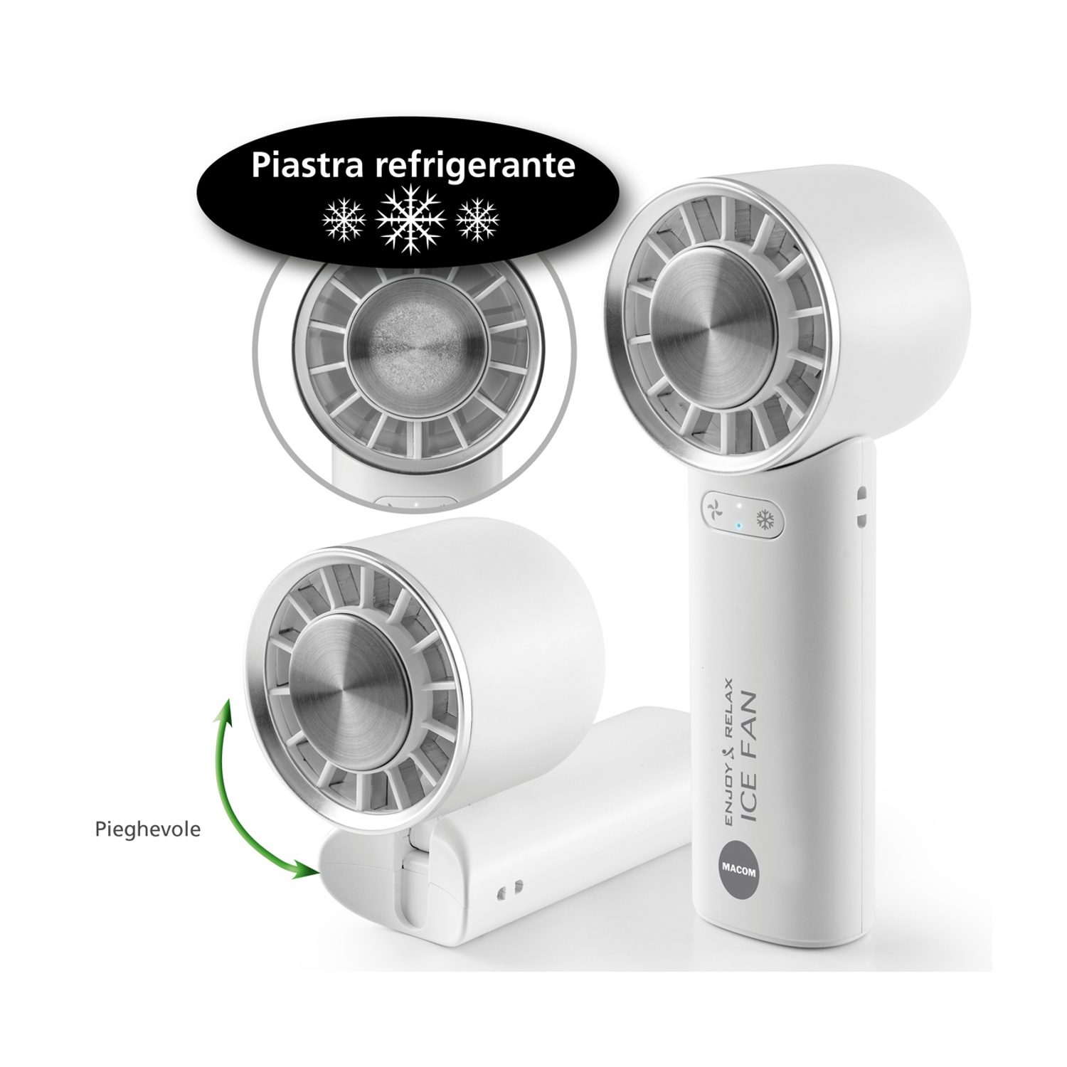 Ventilatore di ghiaccio bianco con tre viste: vista dall'alto, piegato e aperto. Testo: 'Enjoy & Relax Ice Fan', 'Pieghevole' e 'Piastra refrigerante'.